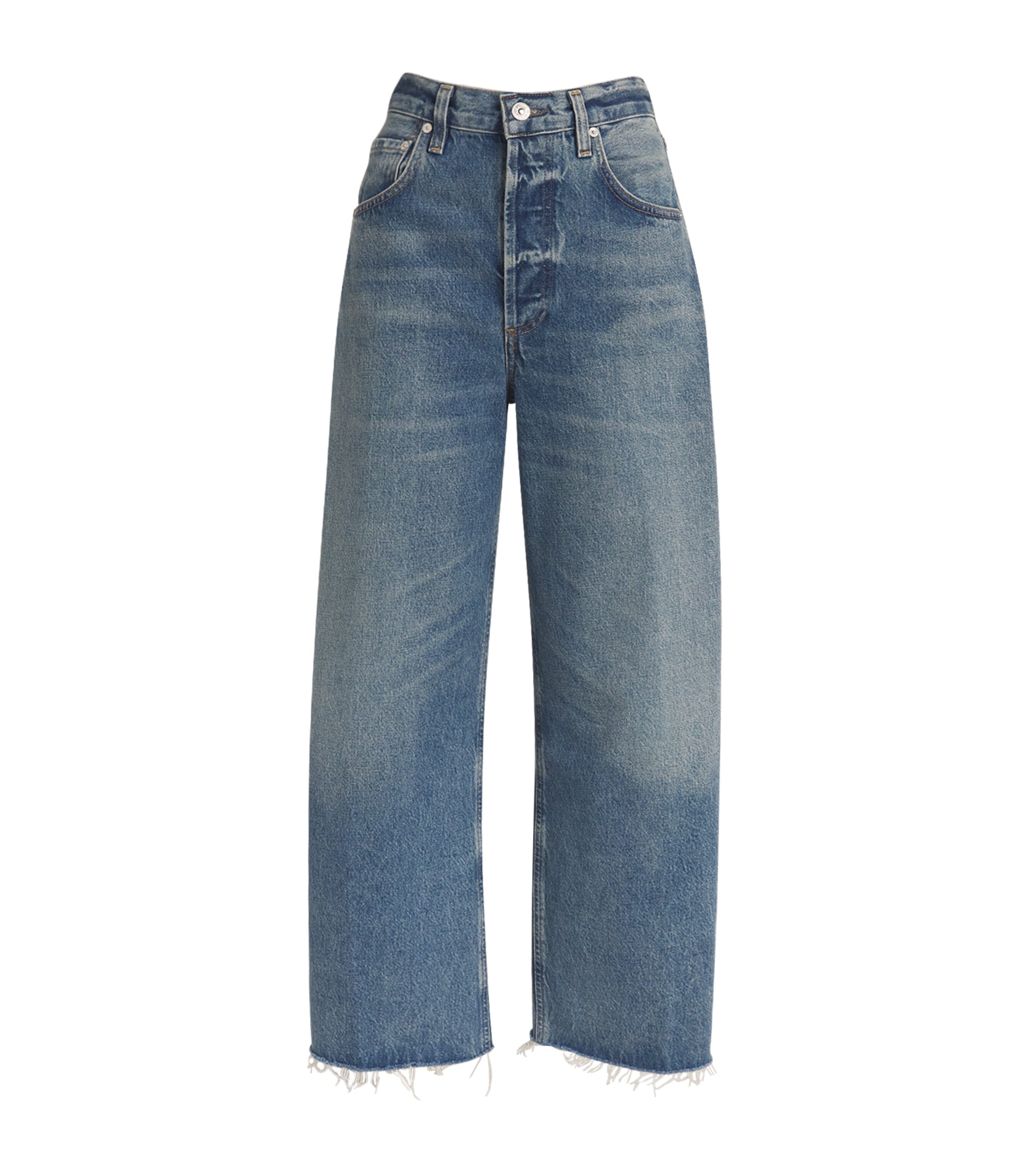 Citizen Of Humanity Ayla Cropped Frayed High-rise Wide-leg Jeans In Blue