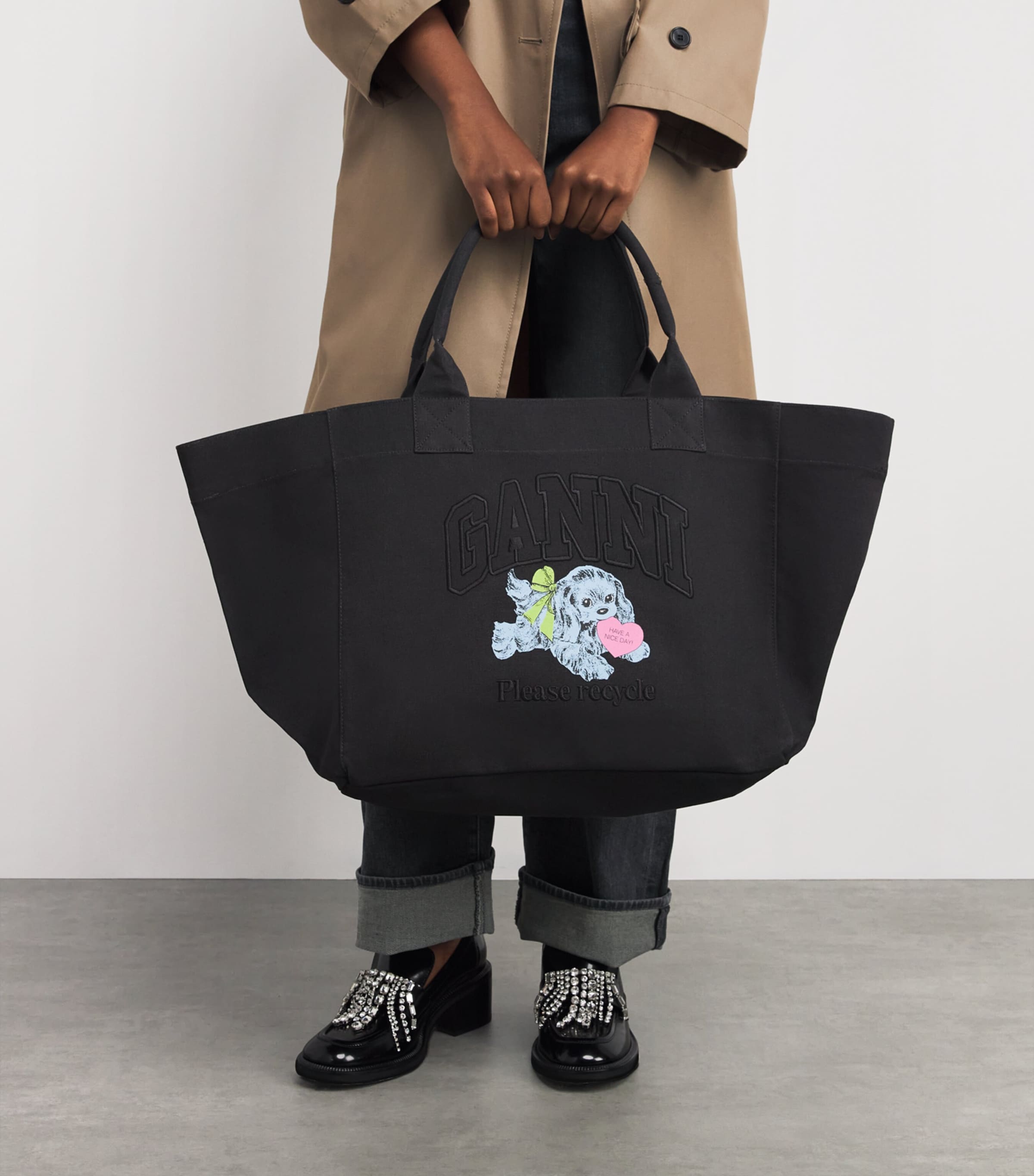Ganni Black Xxl Shopper With Double Handles And Decoration On The Front In Cotton Woman In Black