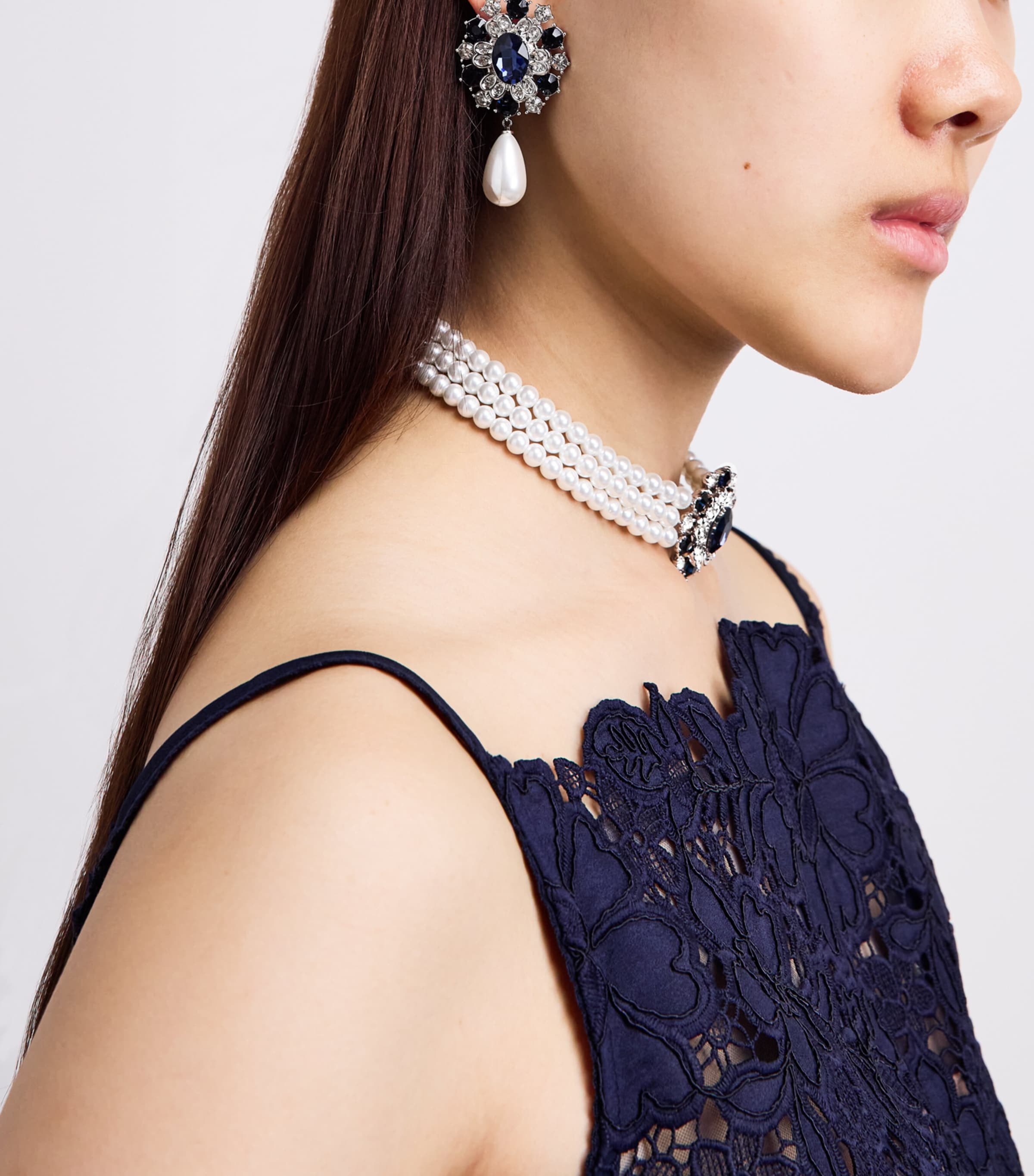 Self-Portrait Faux Pearl and Crystal-Embellished Choker Necklace Blue Image 4