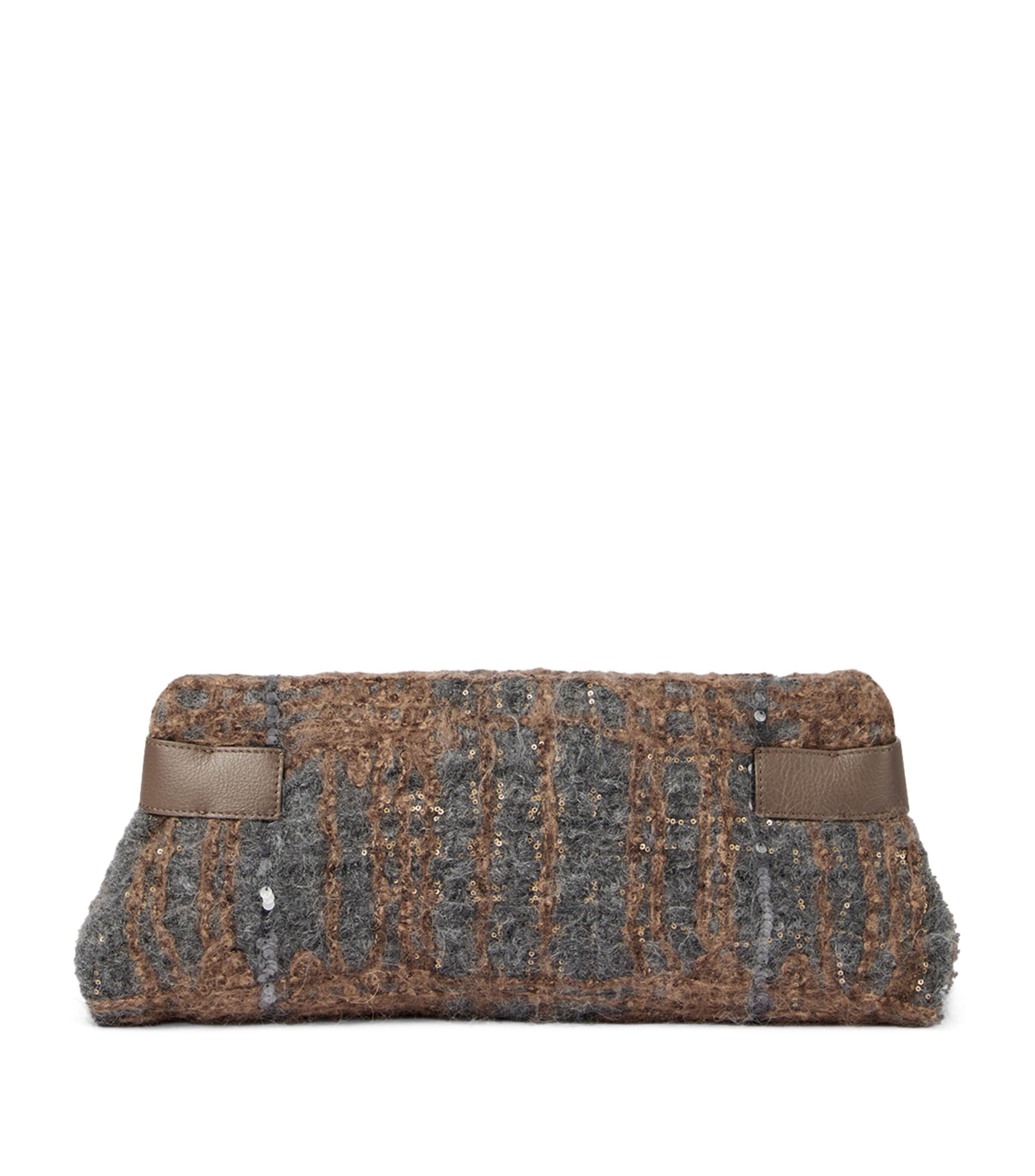 Brunello Cucinelli Wool-leather Prince Of Wales Check Essence Clutch Bag In Gray