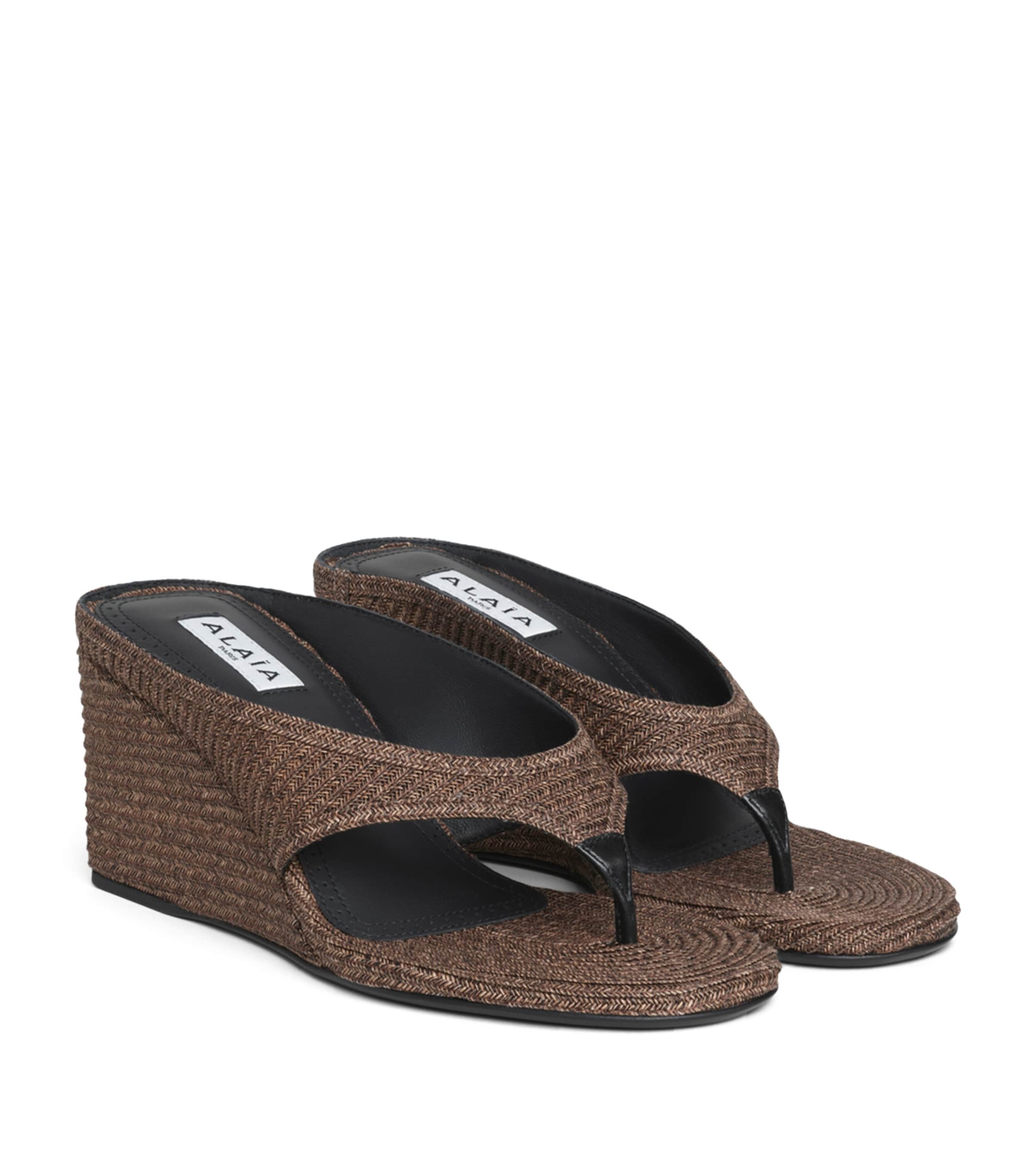 Alaïa Straw Woven Cube Wedge Sandals 75 Brown Image 2