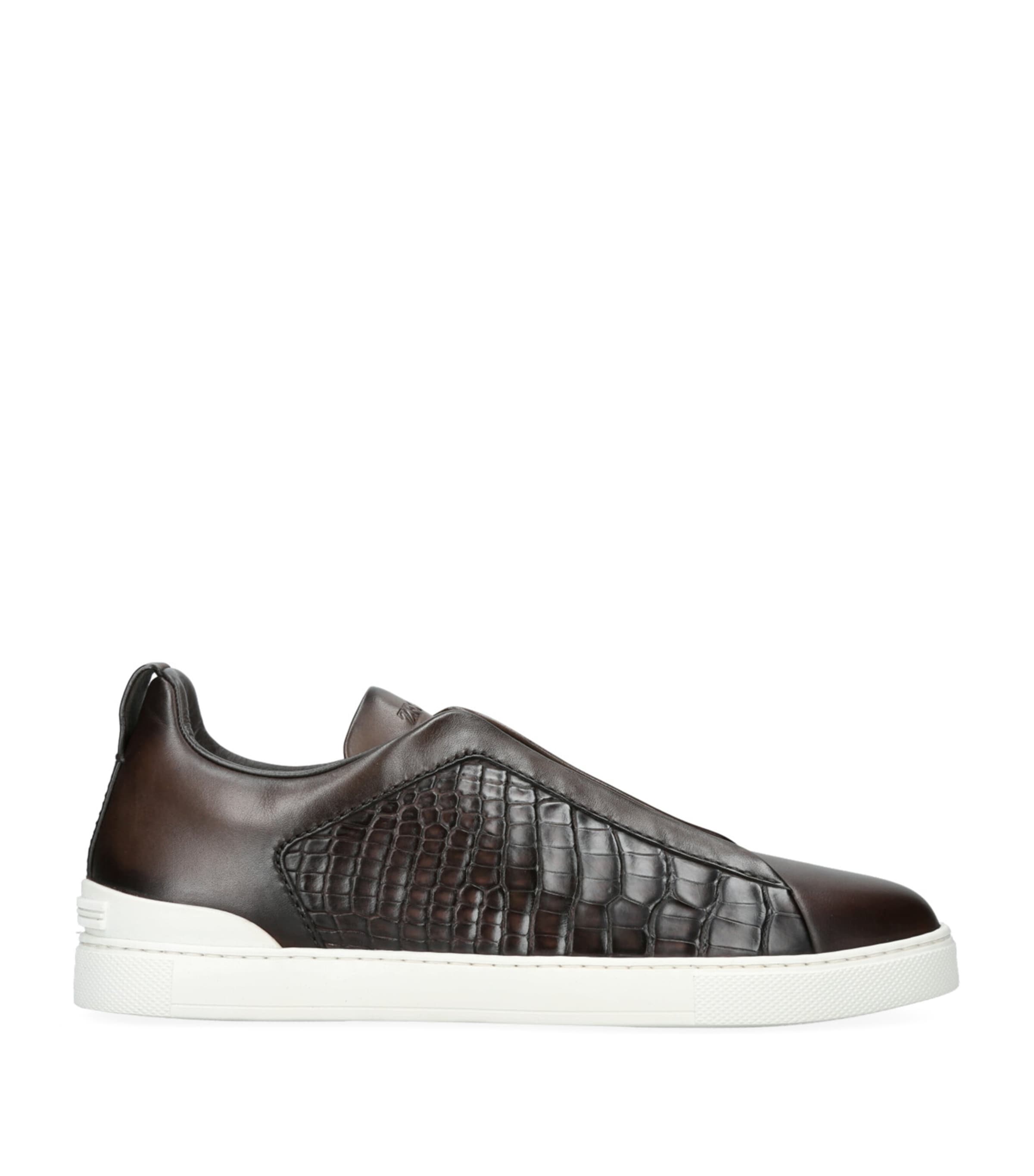 Zegna Crocodile Leather Triple Stitch Sneakers In Brown
