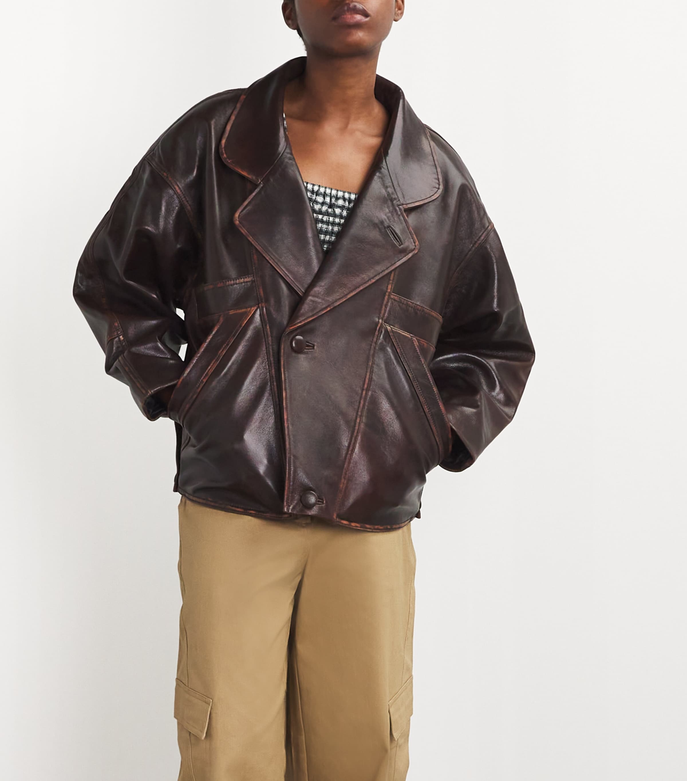 Sandro Paris Womens Double-Breasted Leather Jacket Brown Image 3