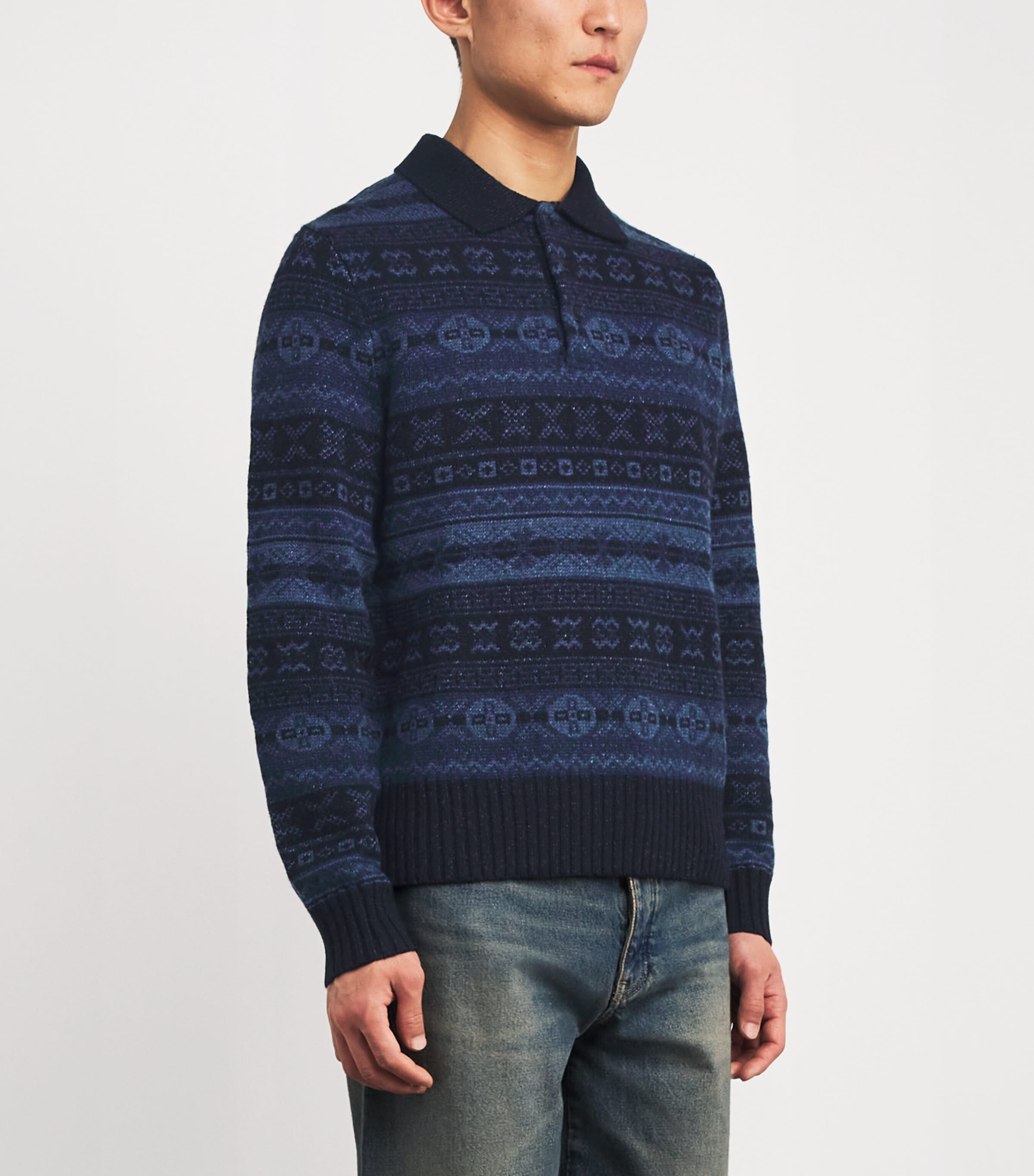 Wool-Linen Fair Isle Polo Sweater NAVY MULTI Image 3