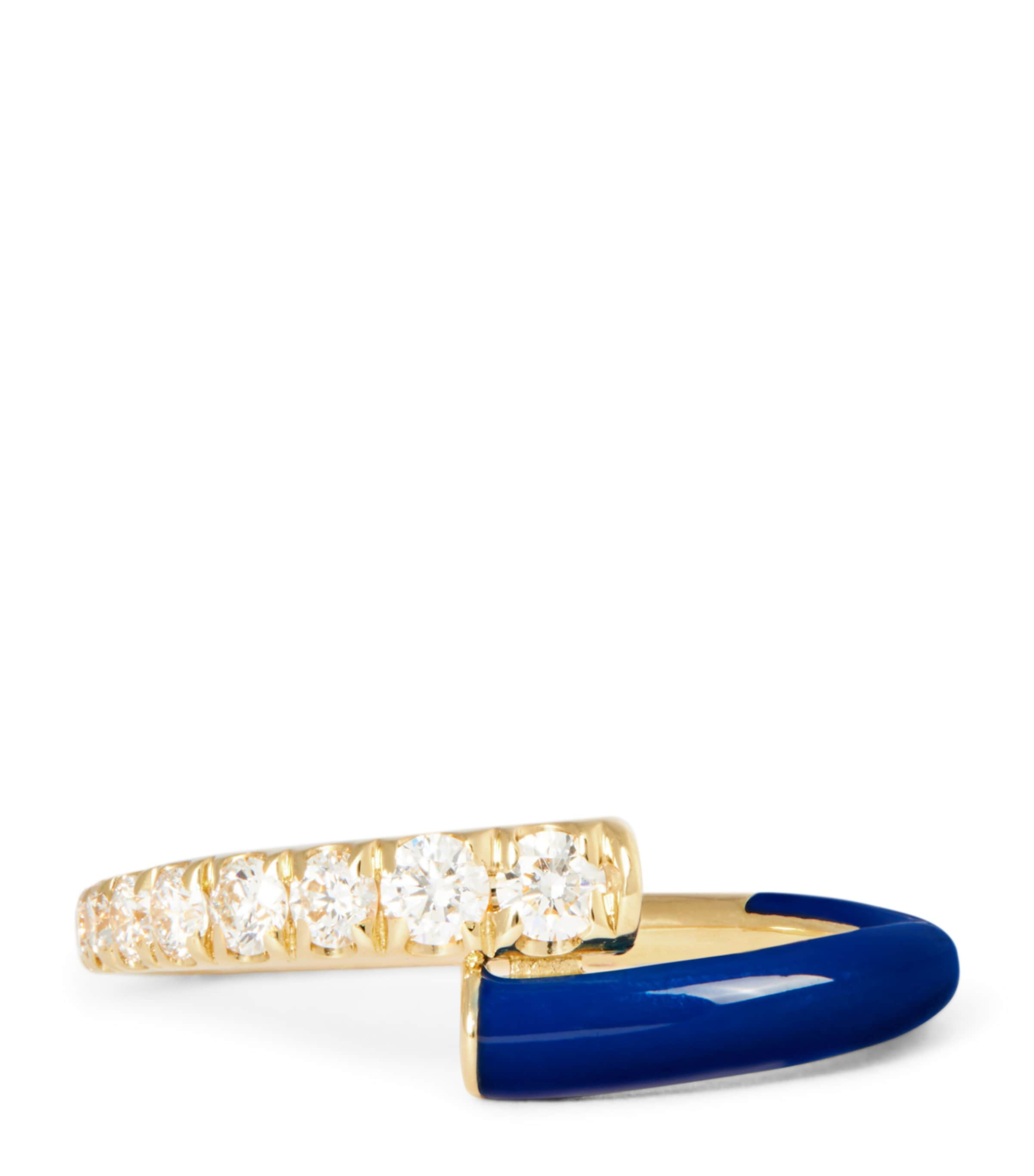 Melissa Kaye Yellow Gold, Diamond And Enamel Pinky Ring In Blue