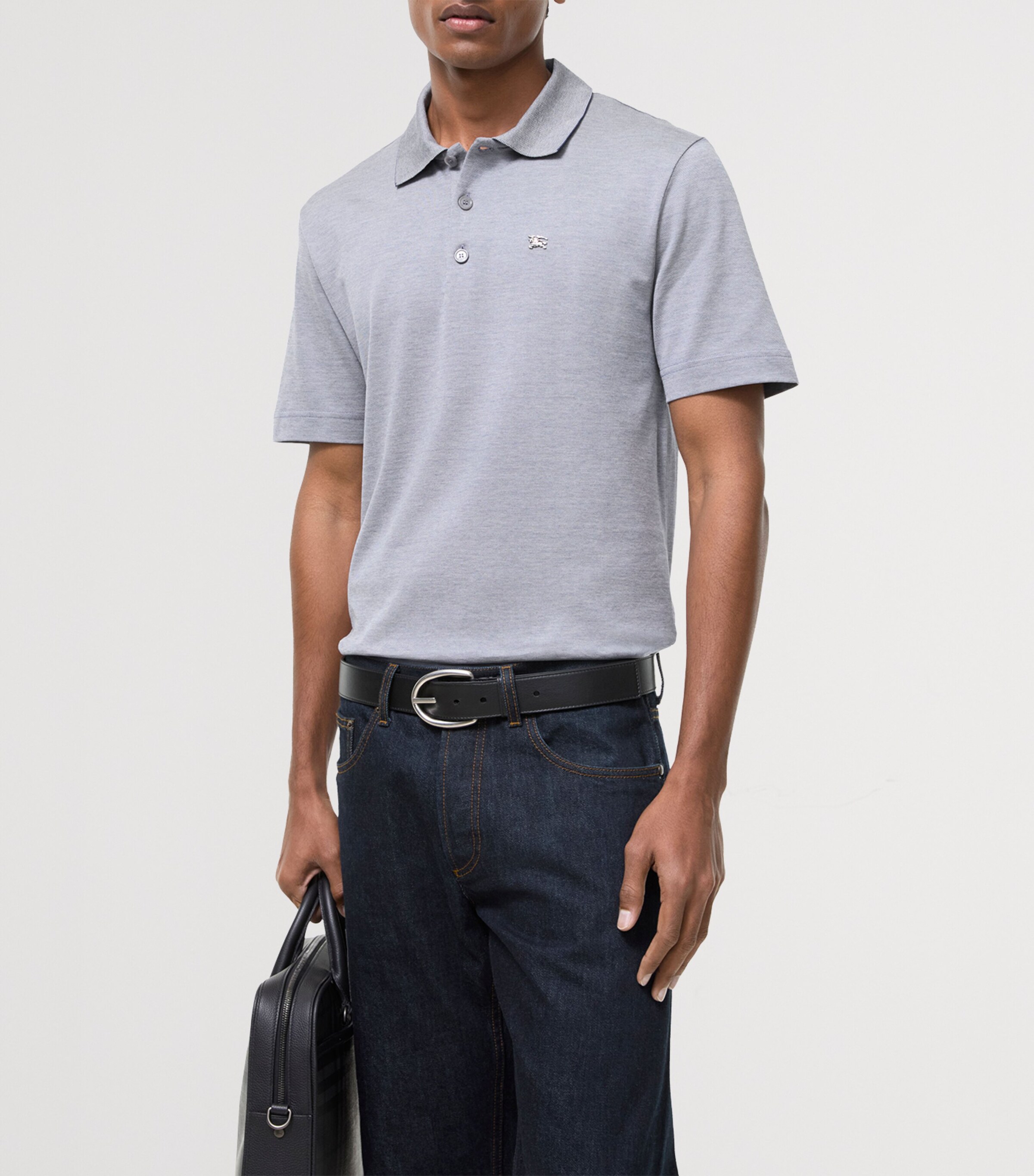 Burberry Mens Cotton Metallic EKD Polo Shirt Earl Grey Melange Image 2