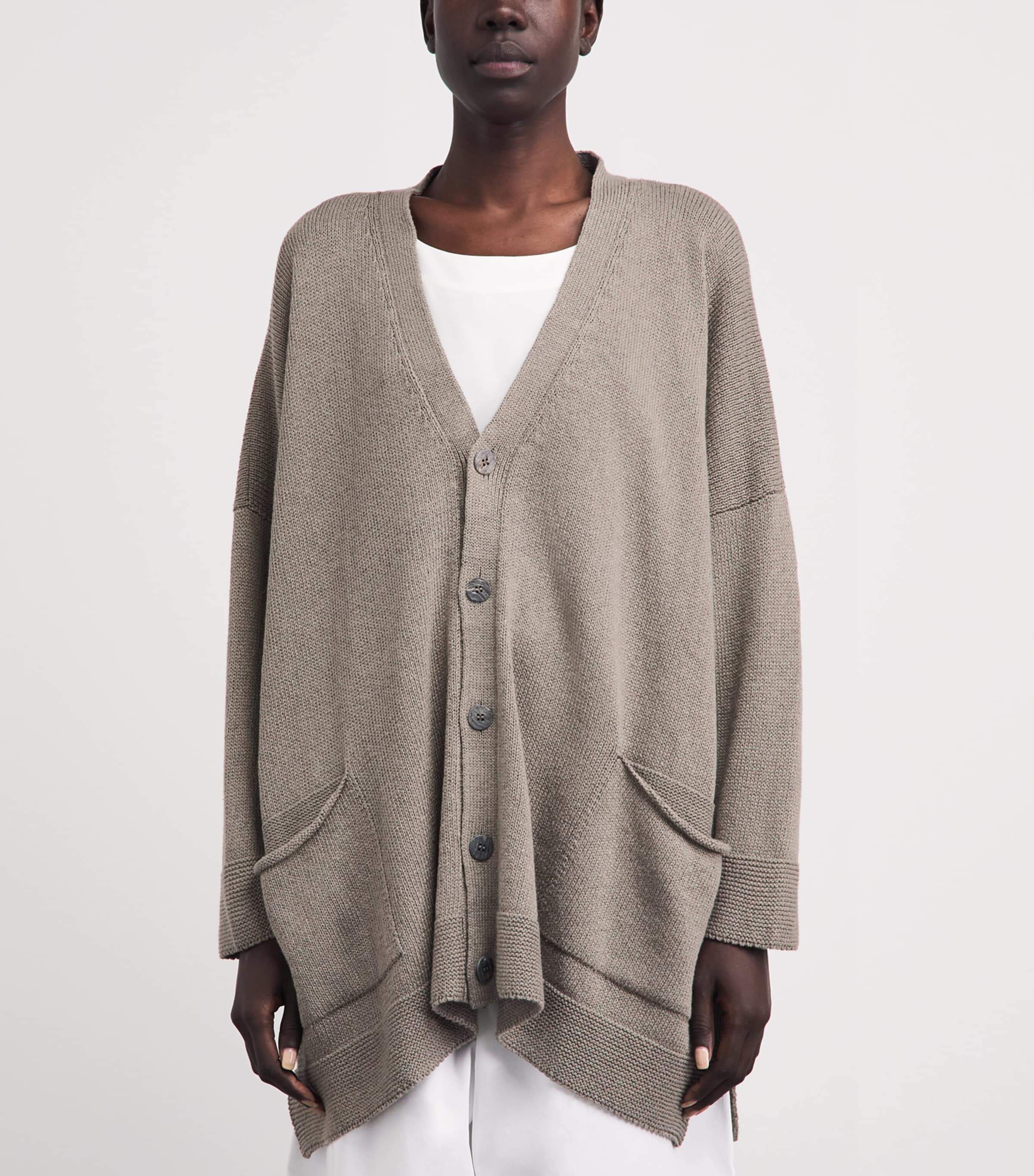 Eskandar Womens Linen-Organic Cotton V-Neck Cardigan Mink Image 4