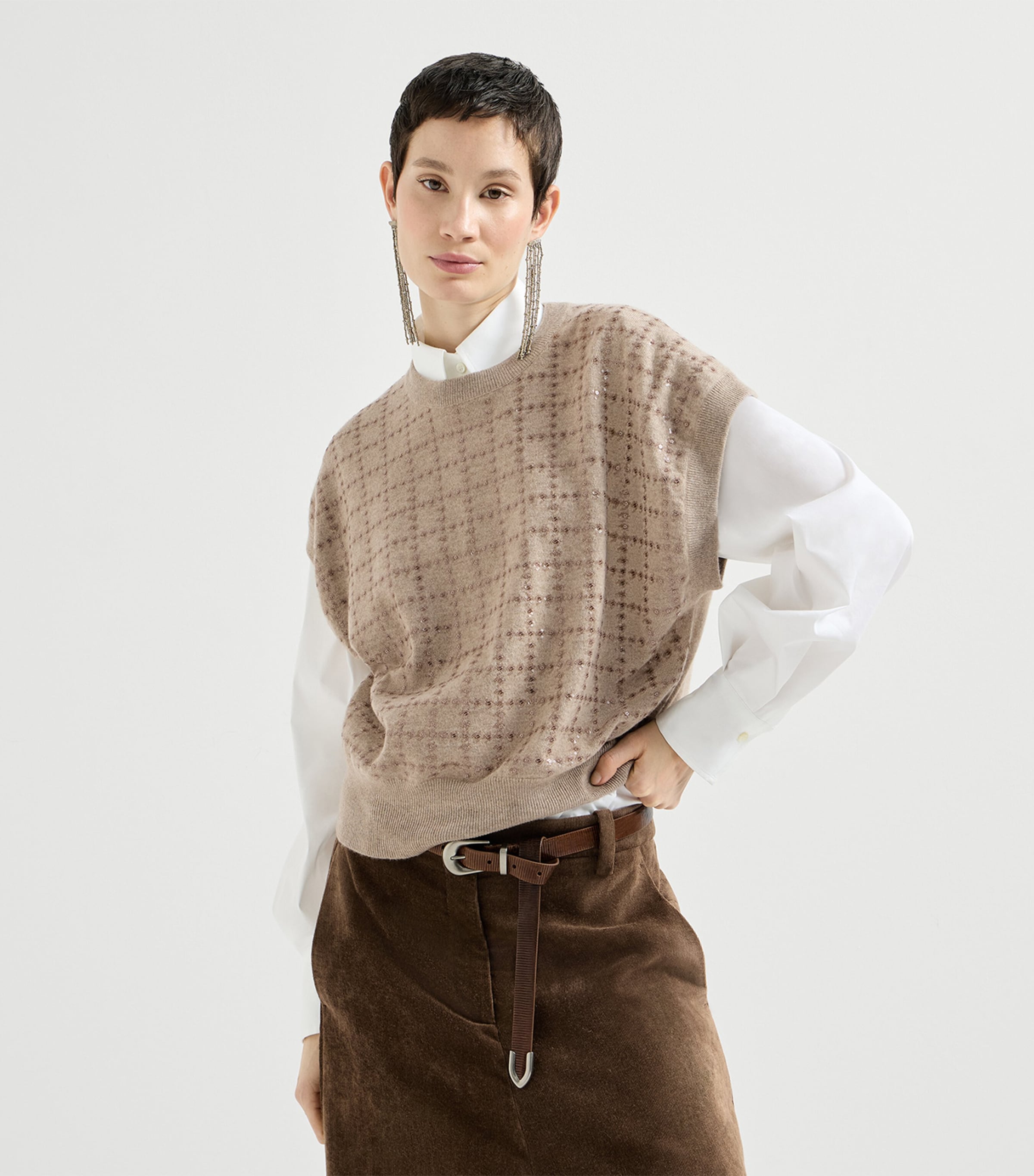 Brunello Cucinelli Womens Cashmere Sequin Check Knit T-Shirt Brown Image 4