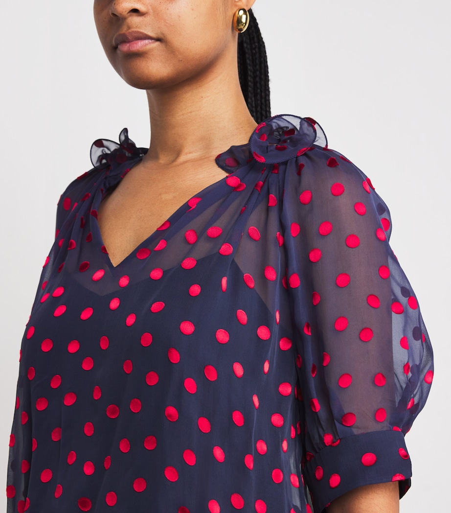 Saloni Womens Silk-Blend Devoré Polka Dot Josie Blouse Navy Brght Rouge Image 6