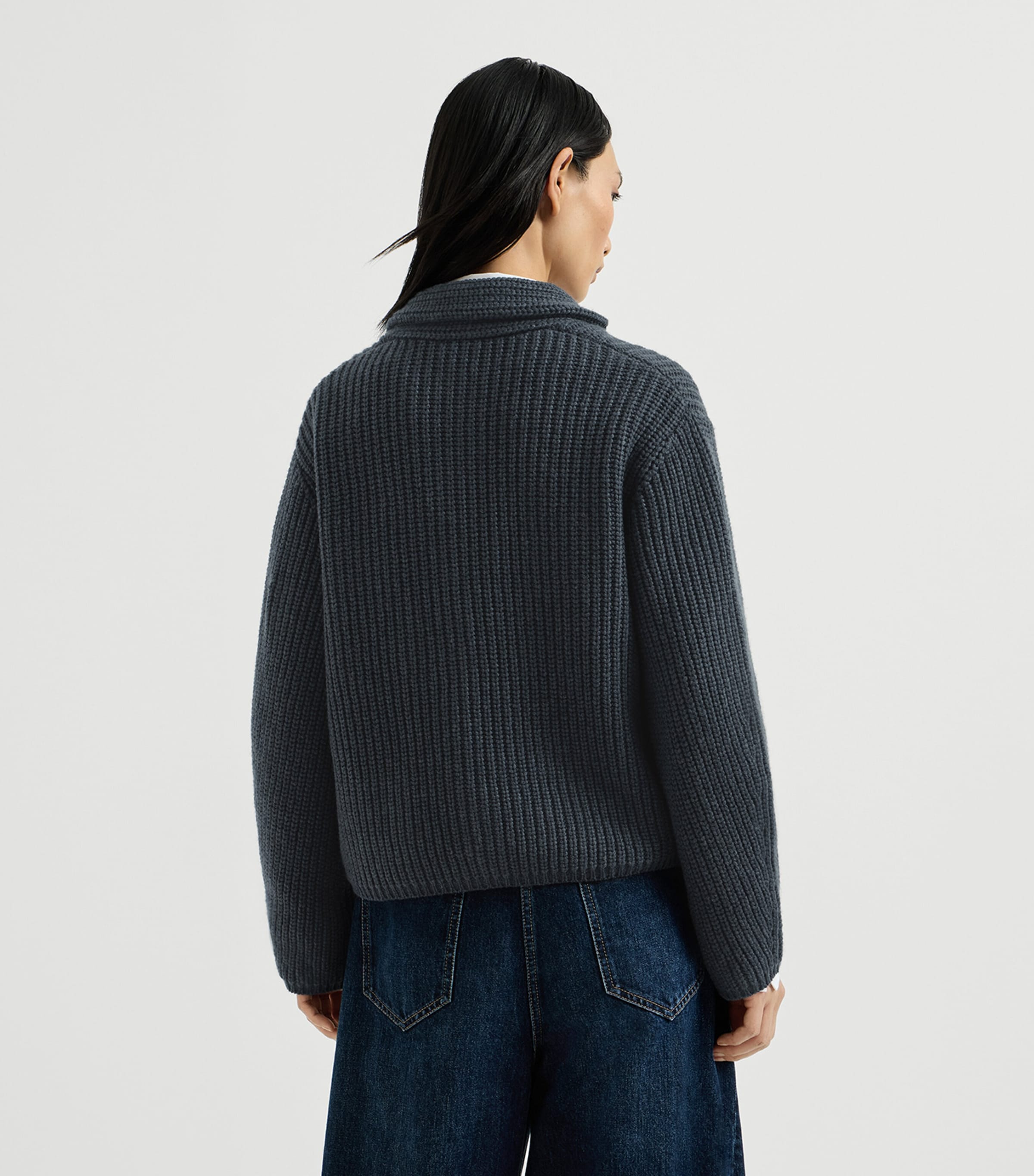 Brunello Cucinelli Womens Cashmere Rib-Knit Cardigan Blu Freddo Image 3