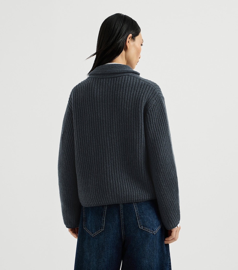 Brunello Cucinelli Womens Cashmere Rib-Knit Cardigan Blu Freddo Image 3