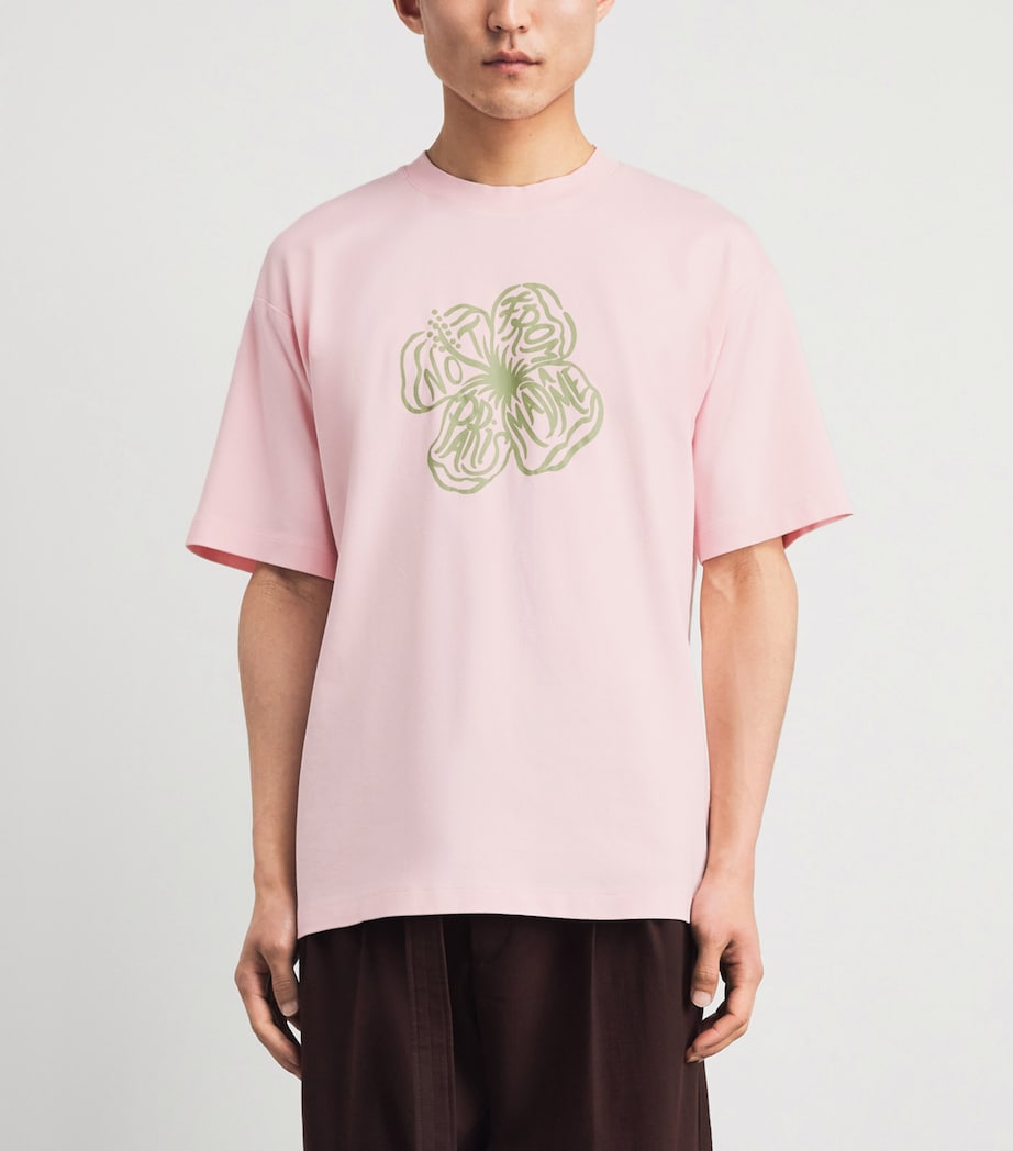 Drôle De Monsieur Mens Cotton Hibiscus Slogan T-Shirt Light Pink Image 4