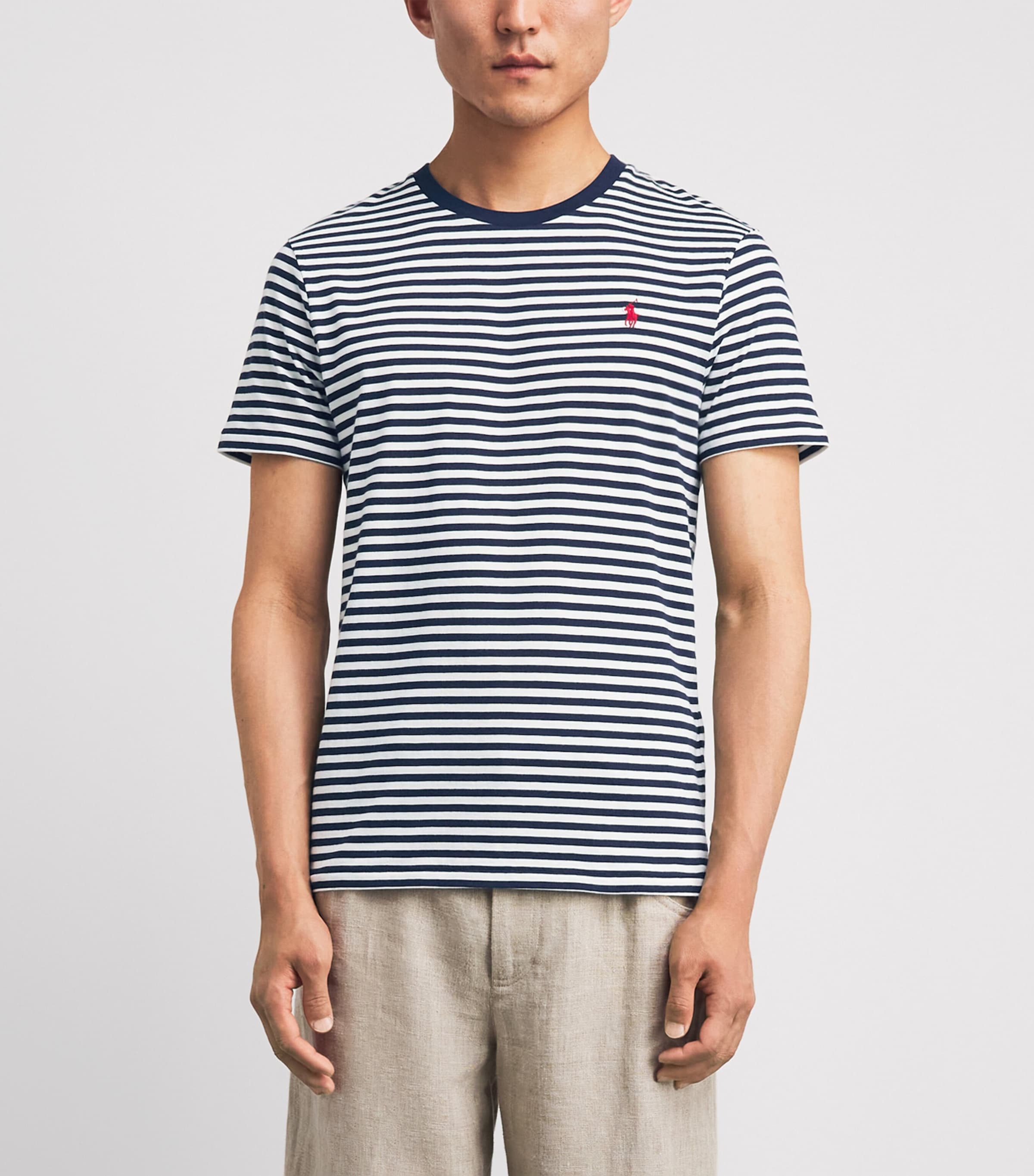 Polo Ralph Lauren Mens Cotton Stripe Polo Pony Slim T-Shirt Newport Navy/white Image 4