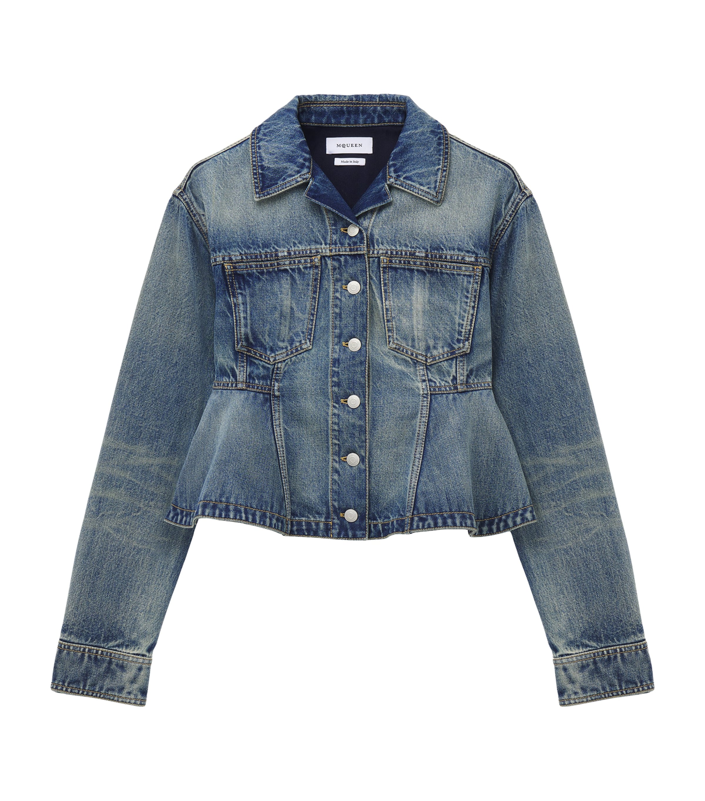 Alexander Mcqueen Stonewashed Denim Peplum Jacket In Blue