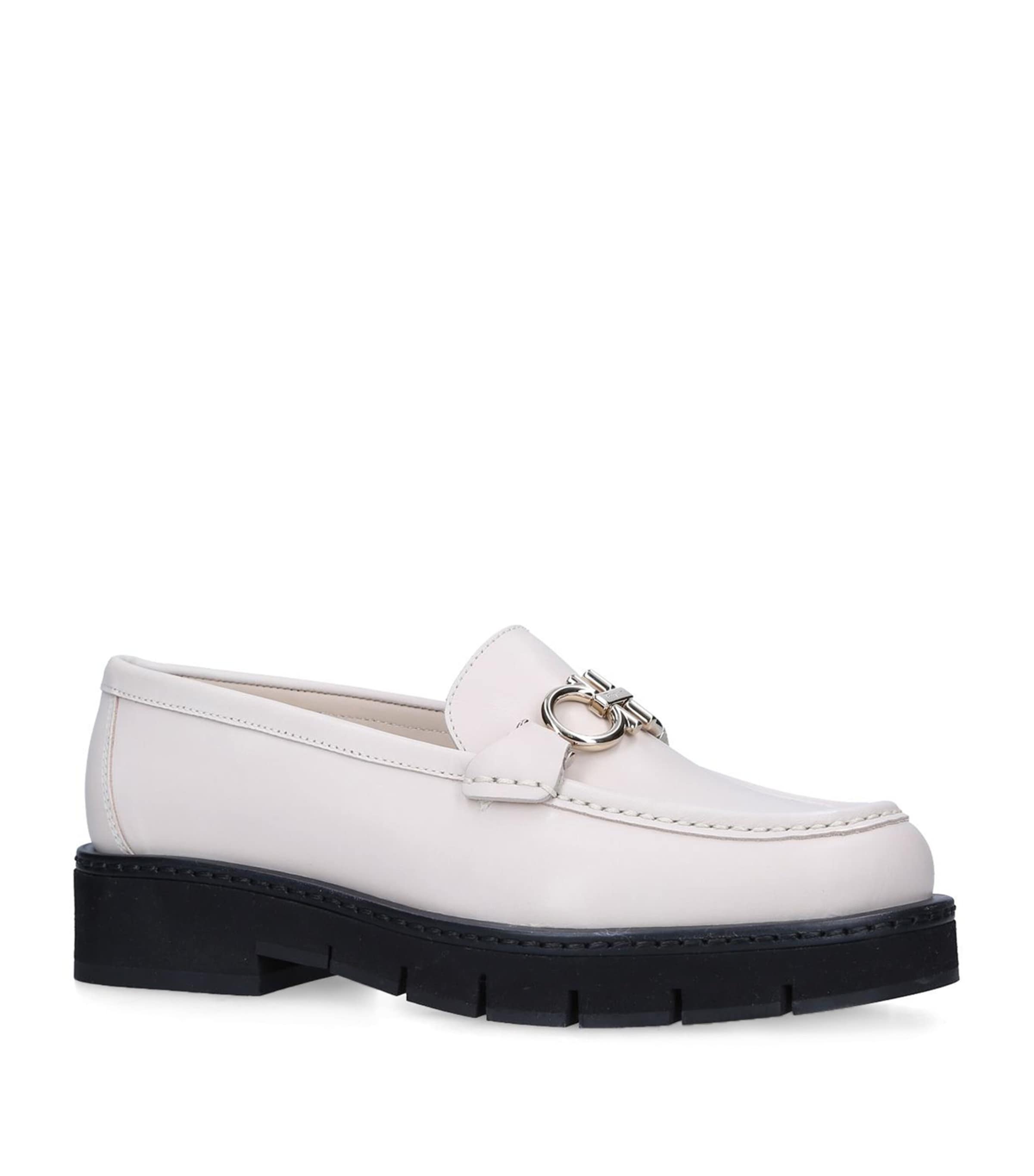 Ferragamo Leather Rolo Lug Loafers In White