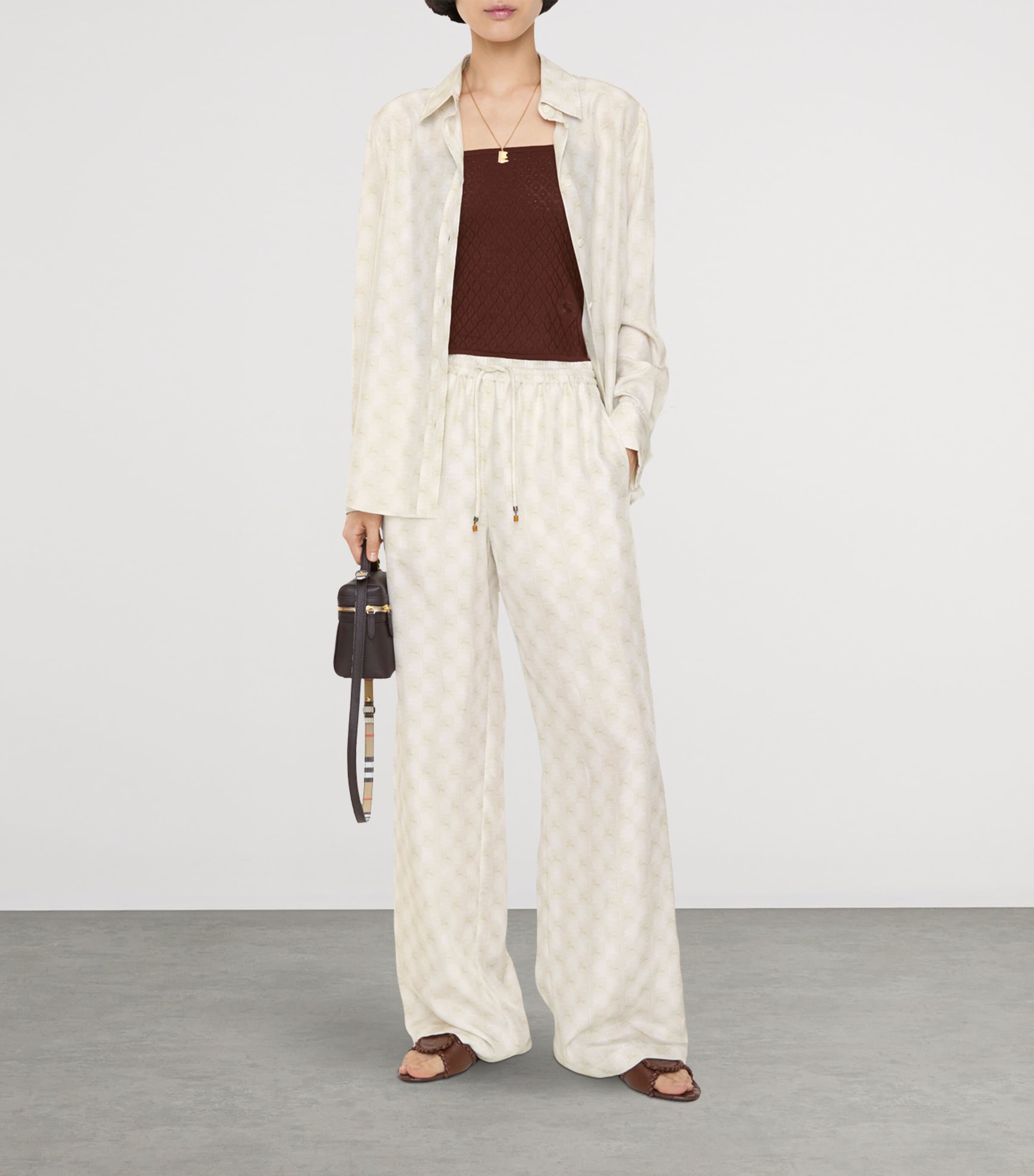 Burberry Womens Silk Equestrian Knight Design Trousers Chalk White Ip Pttrn Image 2