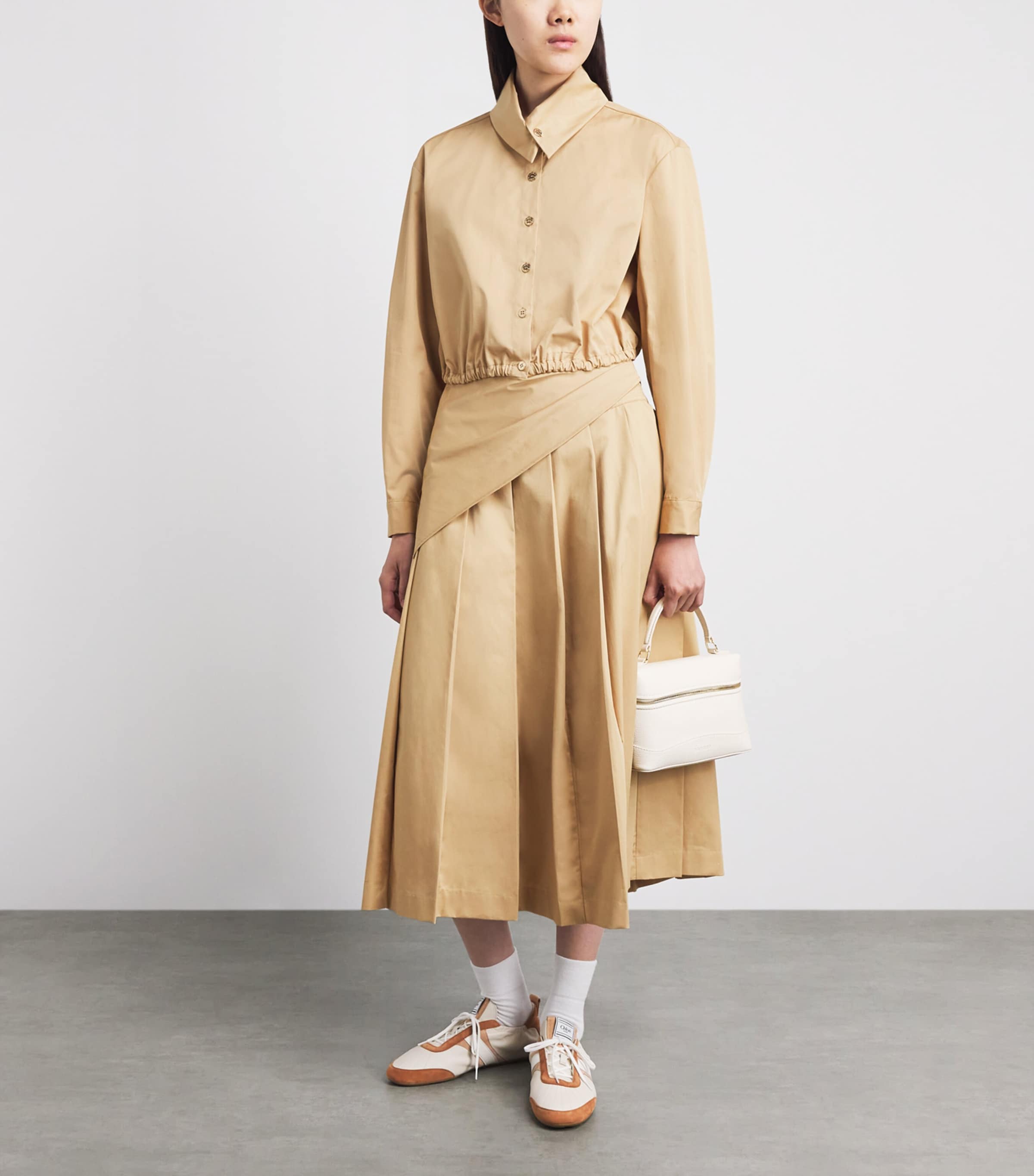 Claudie Pierlot Womens Cotton Pleated Midi Skirt Beige Image 2