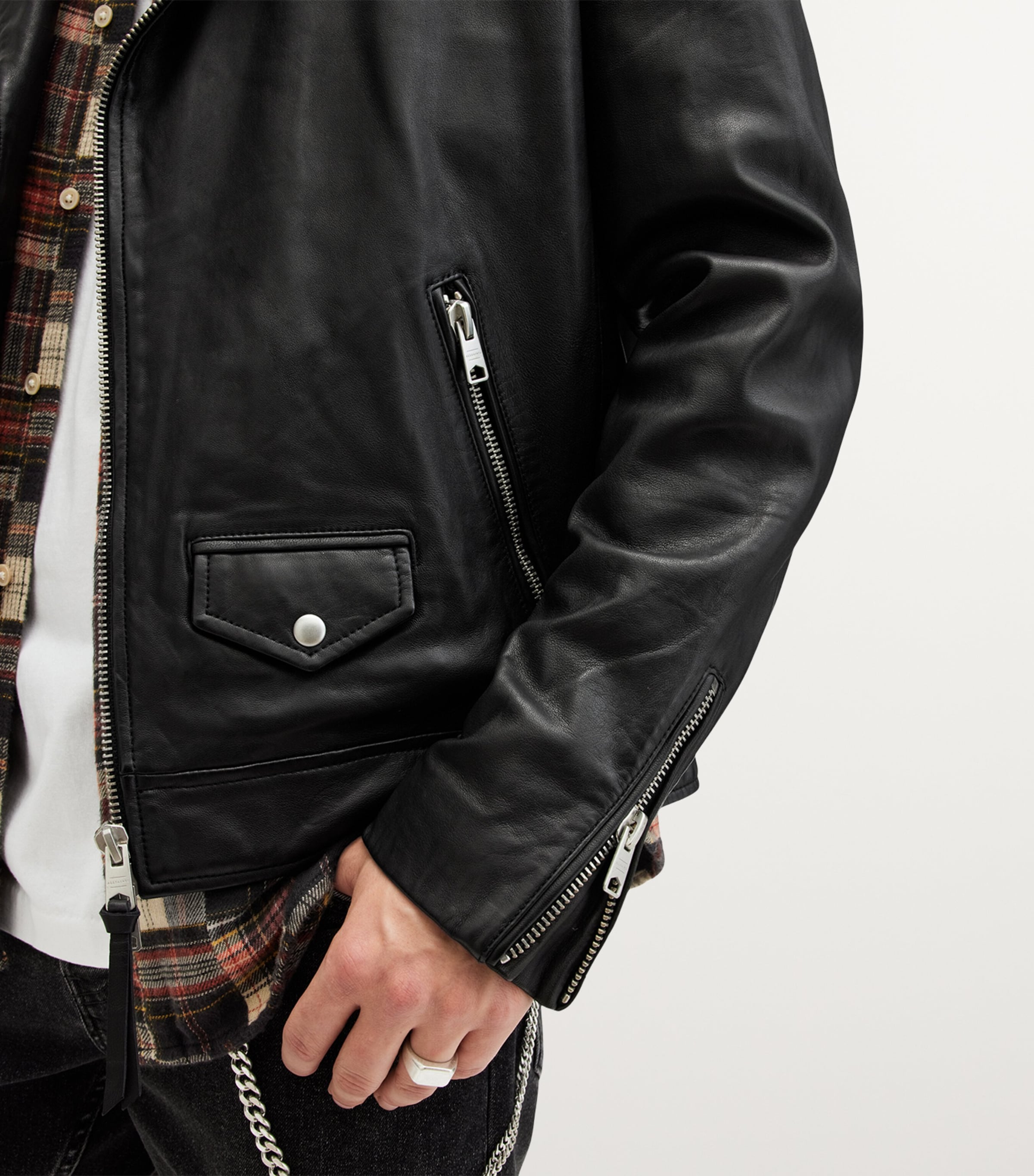 AllSaints Black Leather Milo Biker Jacket Harrods ES