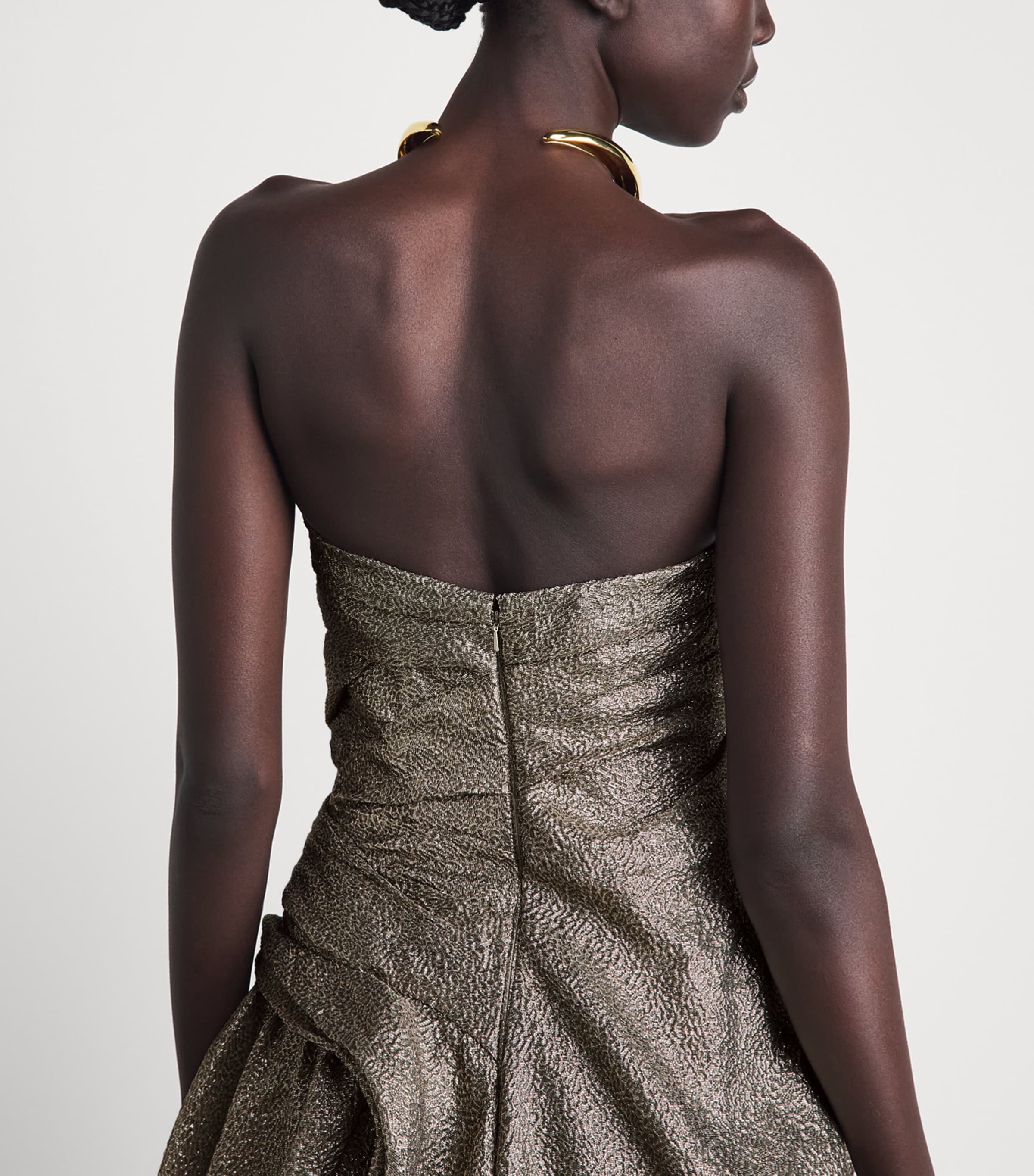 Marmar Halim Womens Metallic Strapless Draped Gown Olive Green Image 3