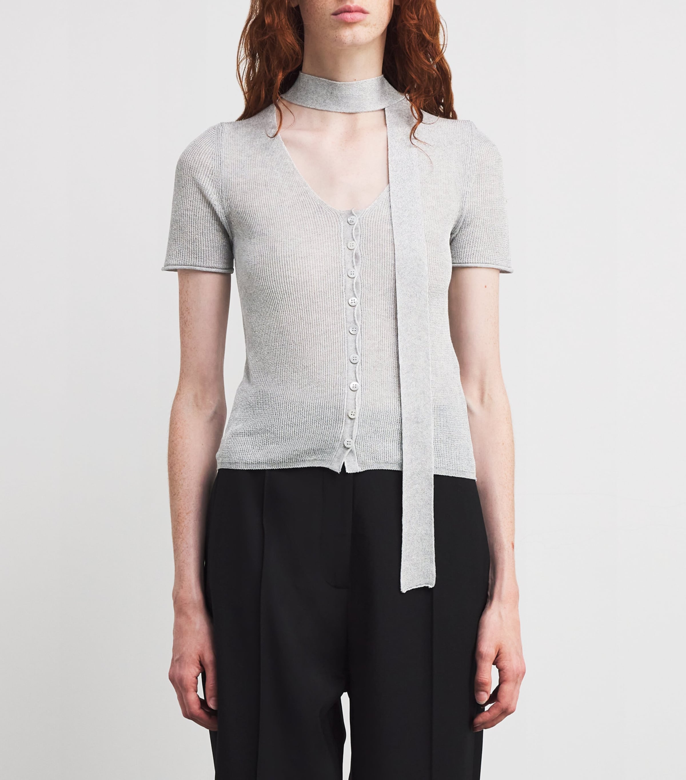 Short-Sleeve Scarf Cardigan GREY Image 3