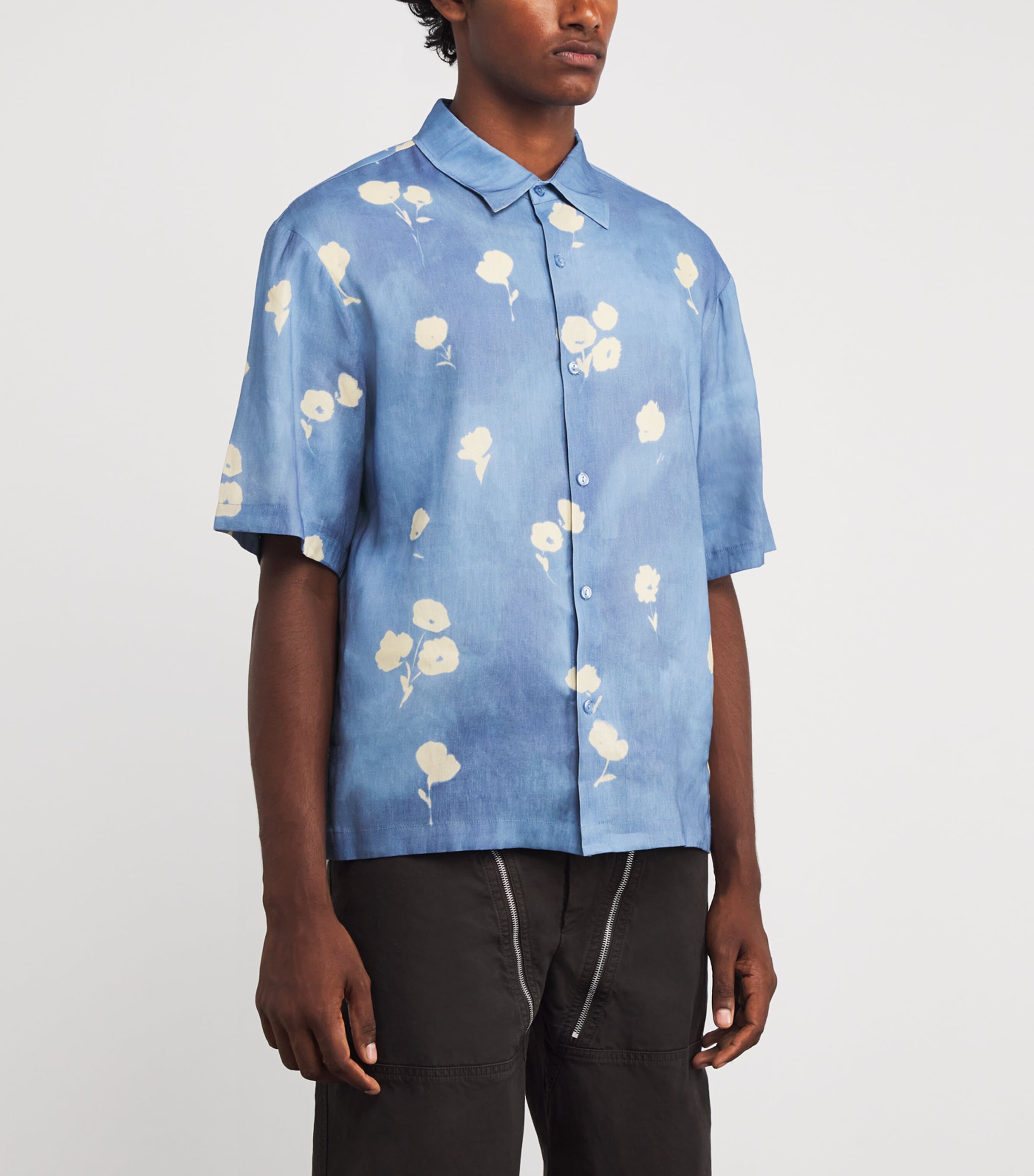 Linen-Blend Floral Short-Sleeve Shirt BLUE OFFICE Image 3