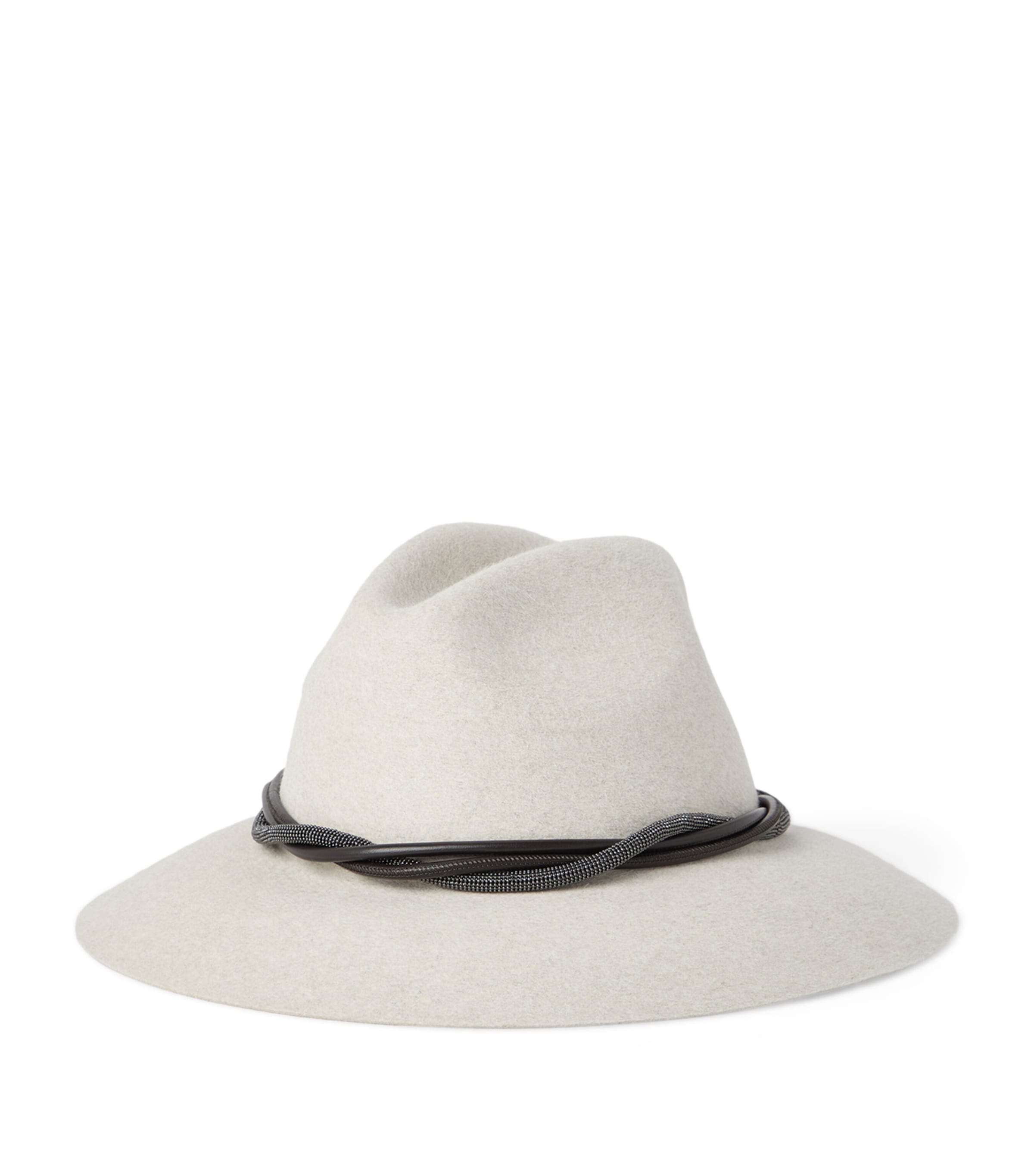 Brunello Cucinelli Felt Fedora With Leather And Monili Band In White
