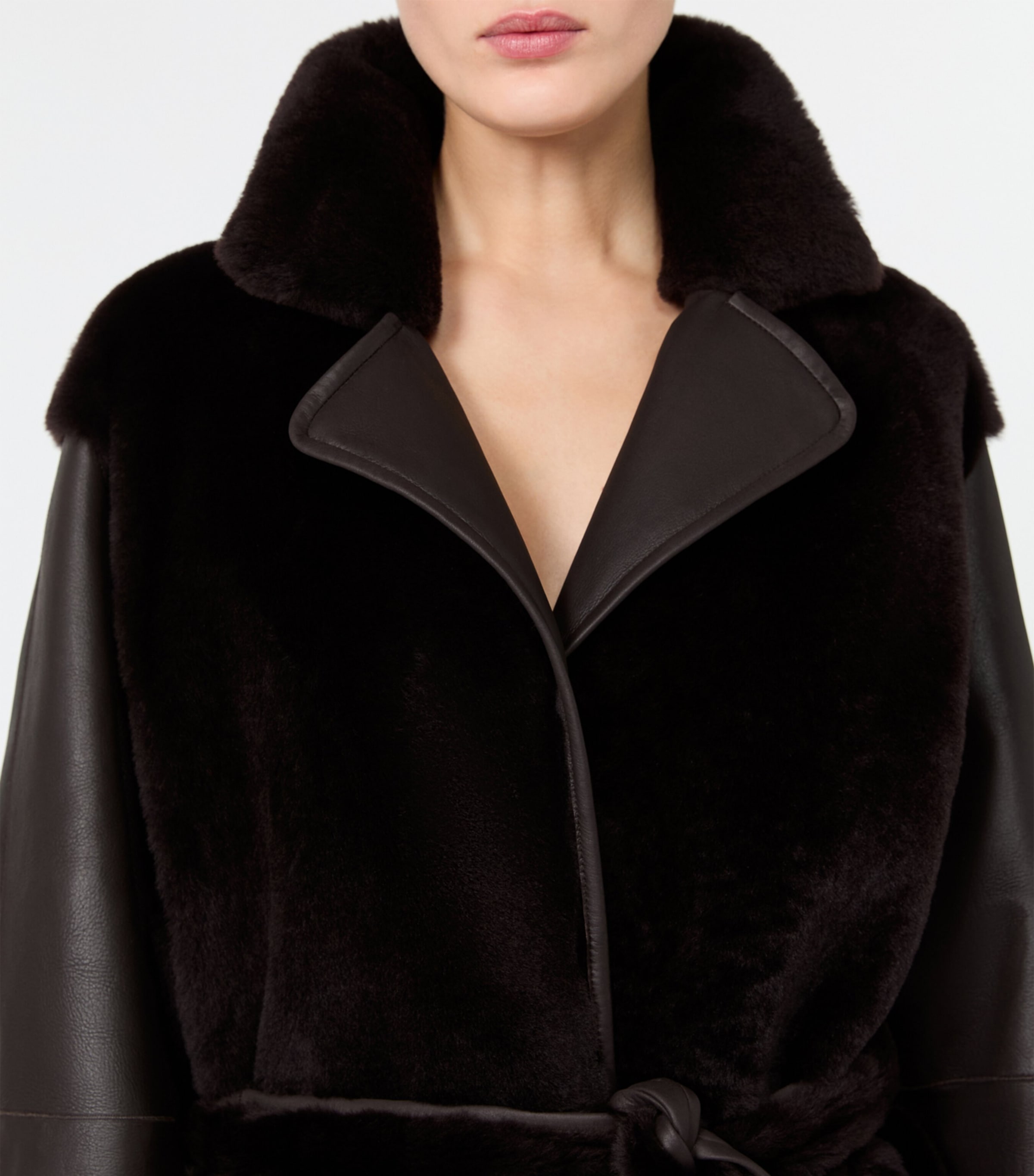 Max Mara Womens Leather-Shearling Belted Longline Coat Dark Brown Image 4