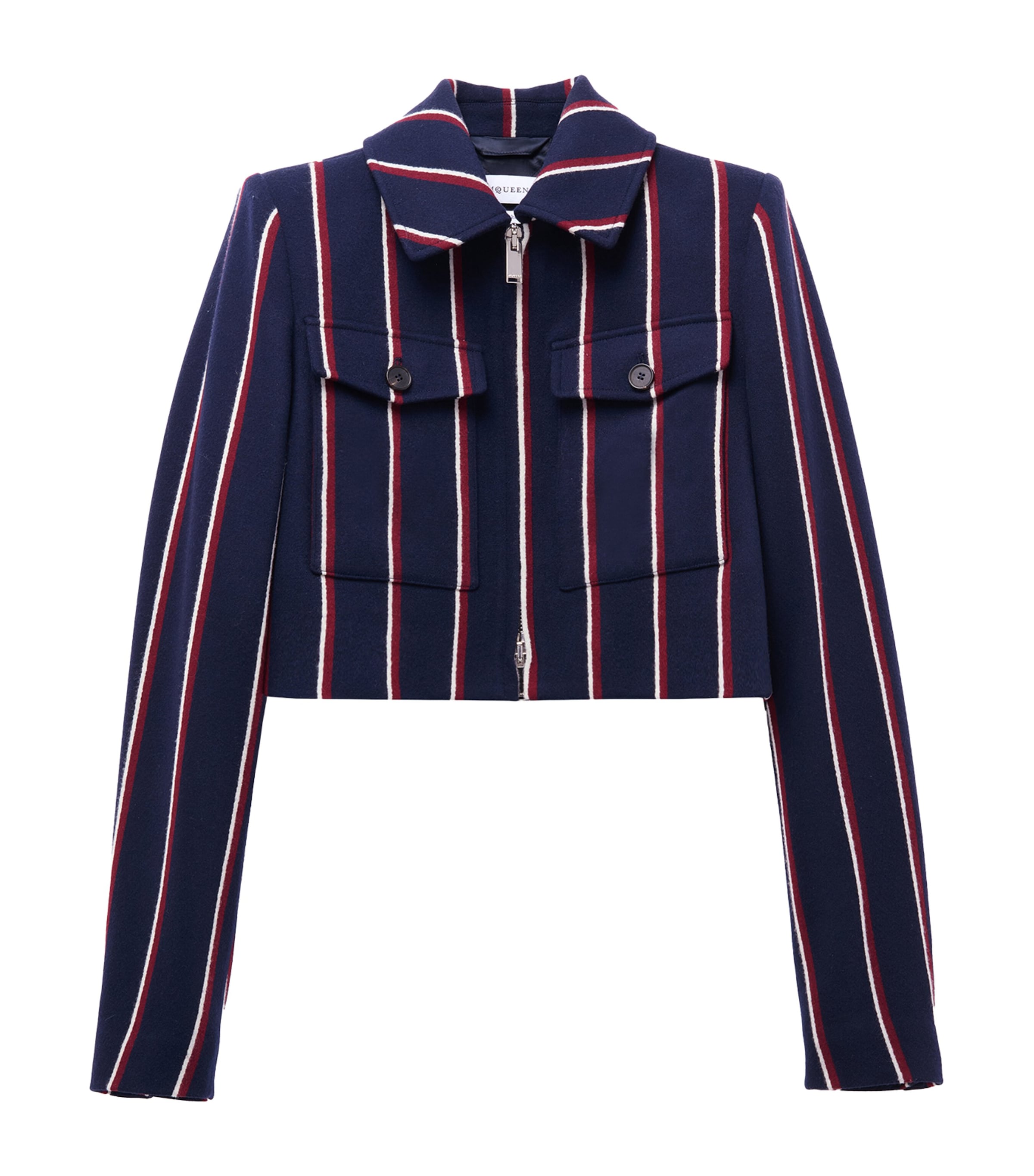 Alexander Mcqueen Wool College Stripe Cropped Jacket In Blue