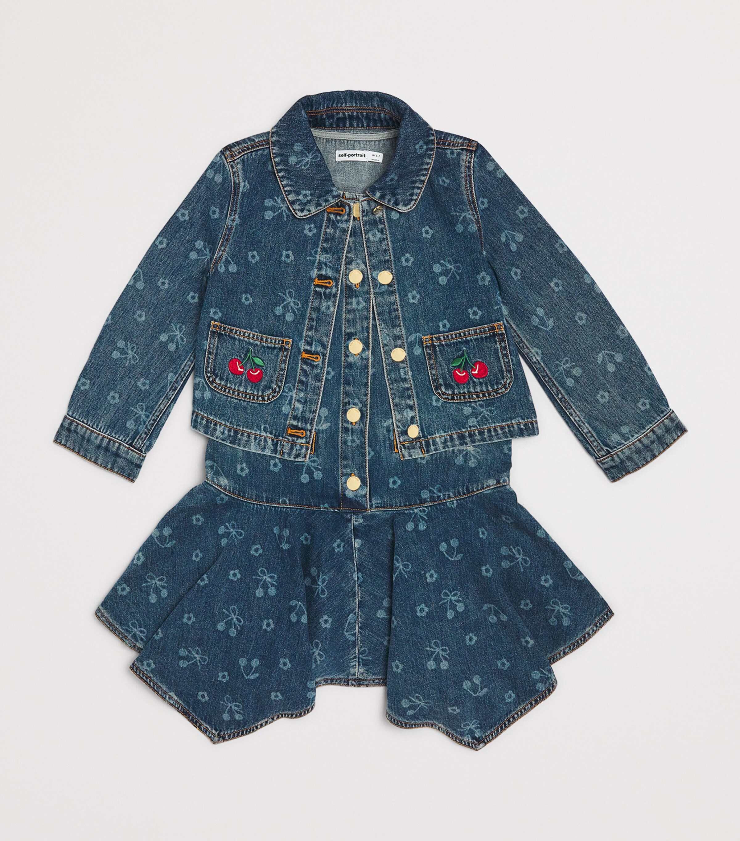 Self-Portrait Kids Cherry Print Denim Jacket (3-12 Years) Blue Image 3