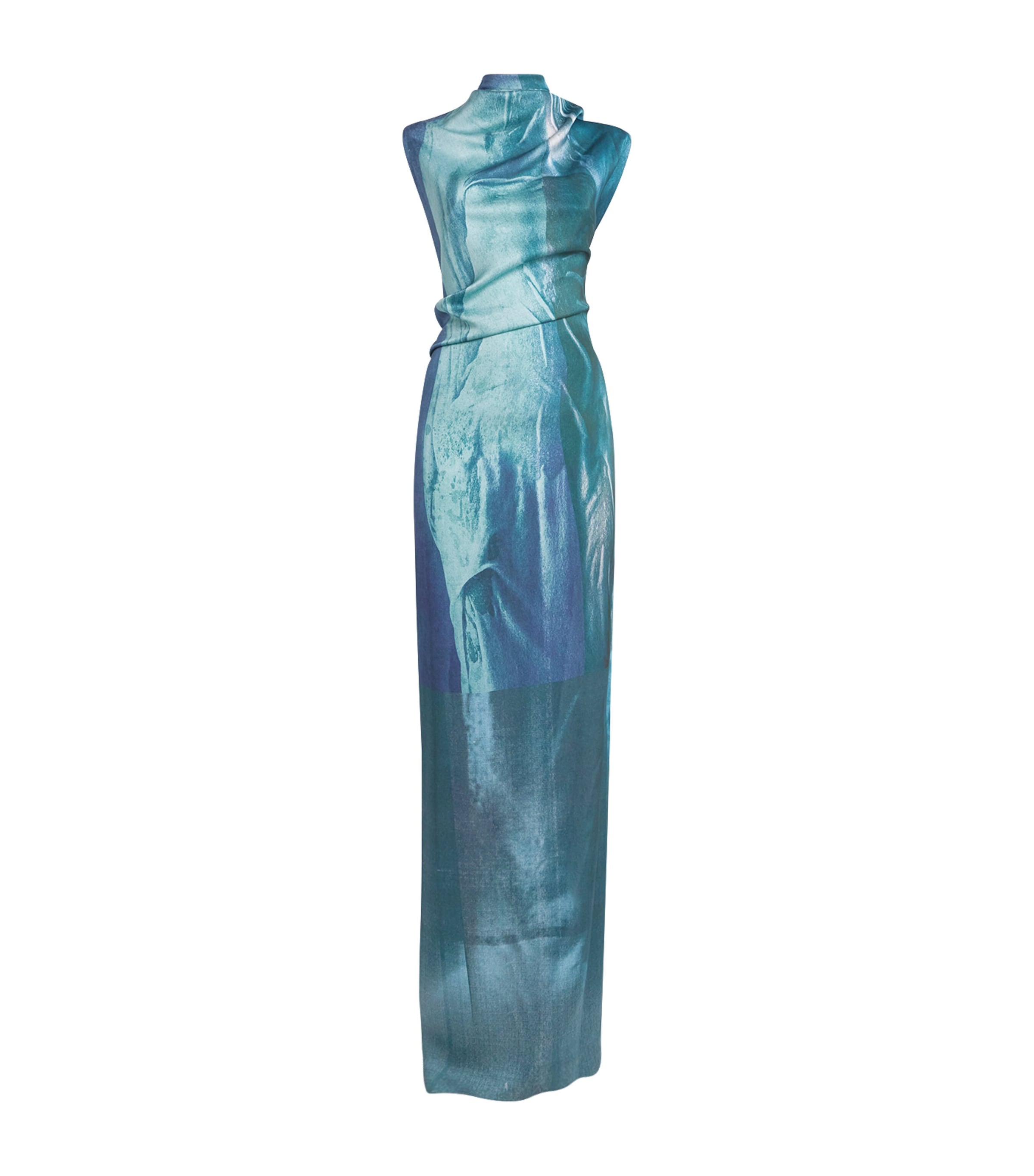 Jean Paul Gaultier Women Printed Long Sleeveless Satin Dress With Cuffling Detail On The Back In Blue