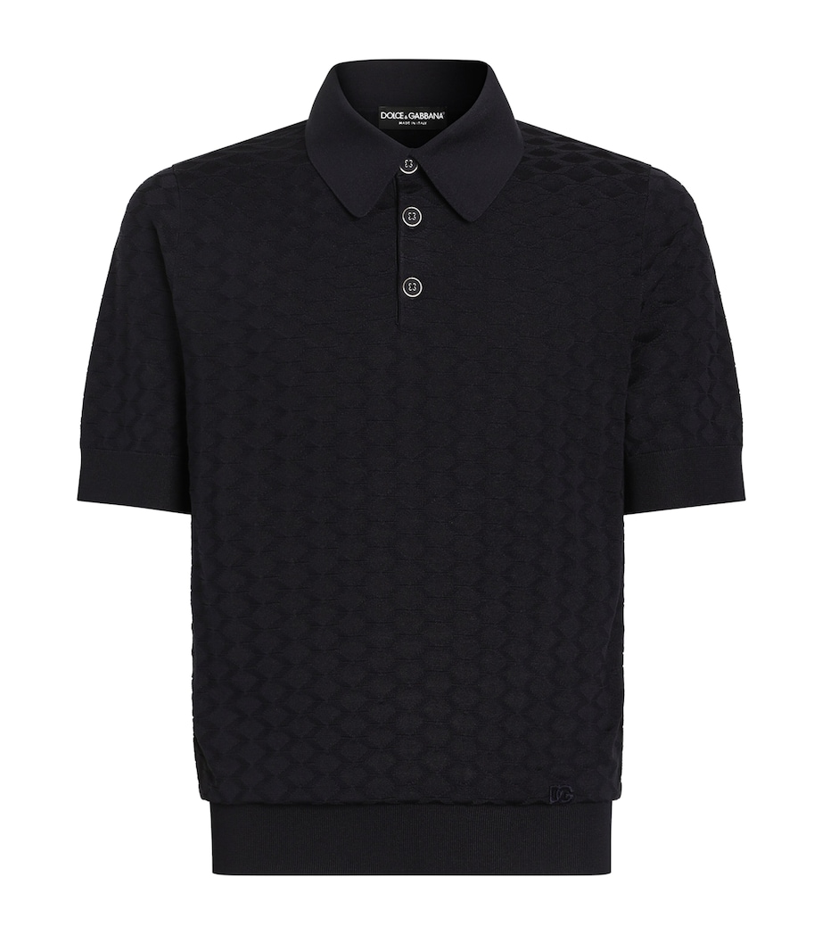 Dolce&Gabbana Mens Silk Jacquard Polo Shirt Very Dark Blue Image 1