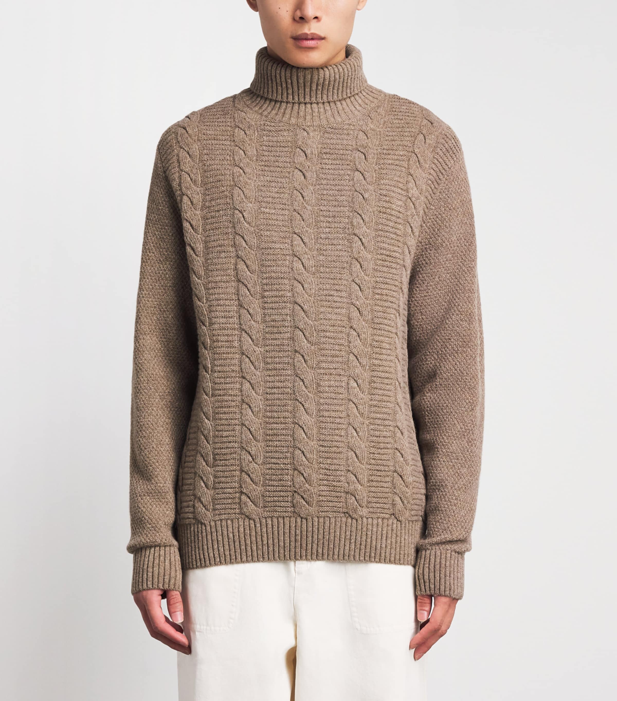 Barbour Mens Wool Staplecross Rollneck Sweater Stone Image 4