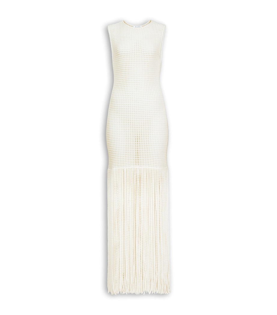 Alaïa Womens Fringed Midi Dress Blanc Naturel Image 1