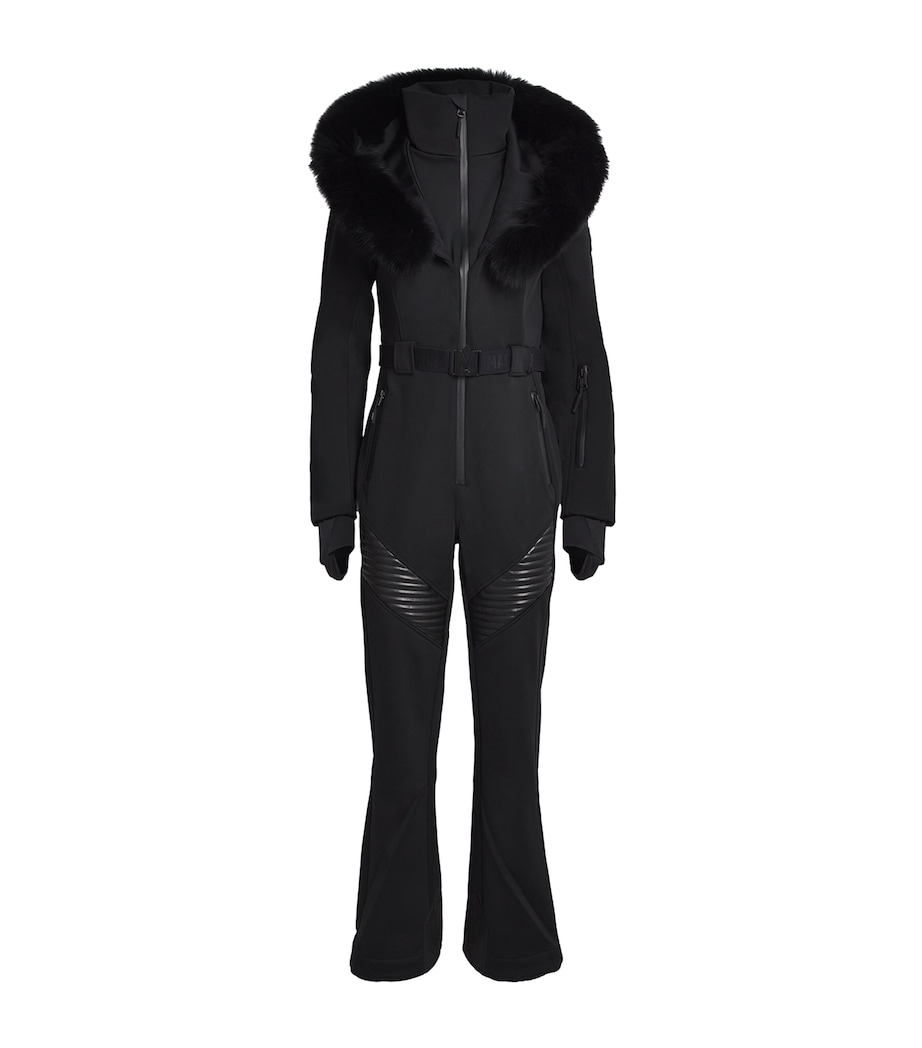 Bonded Fleece Fox Fur-Trim Elle-ZR Ski Suit BLACK Image 1