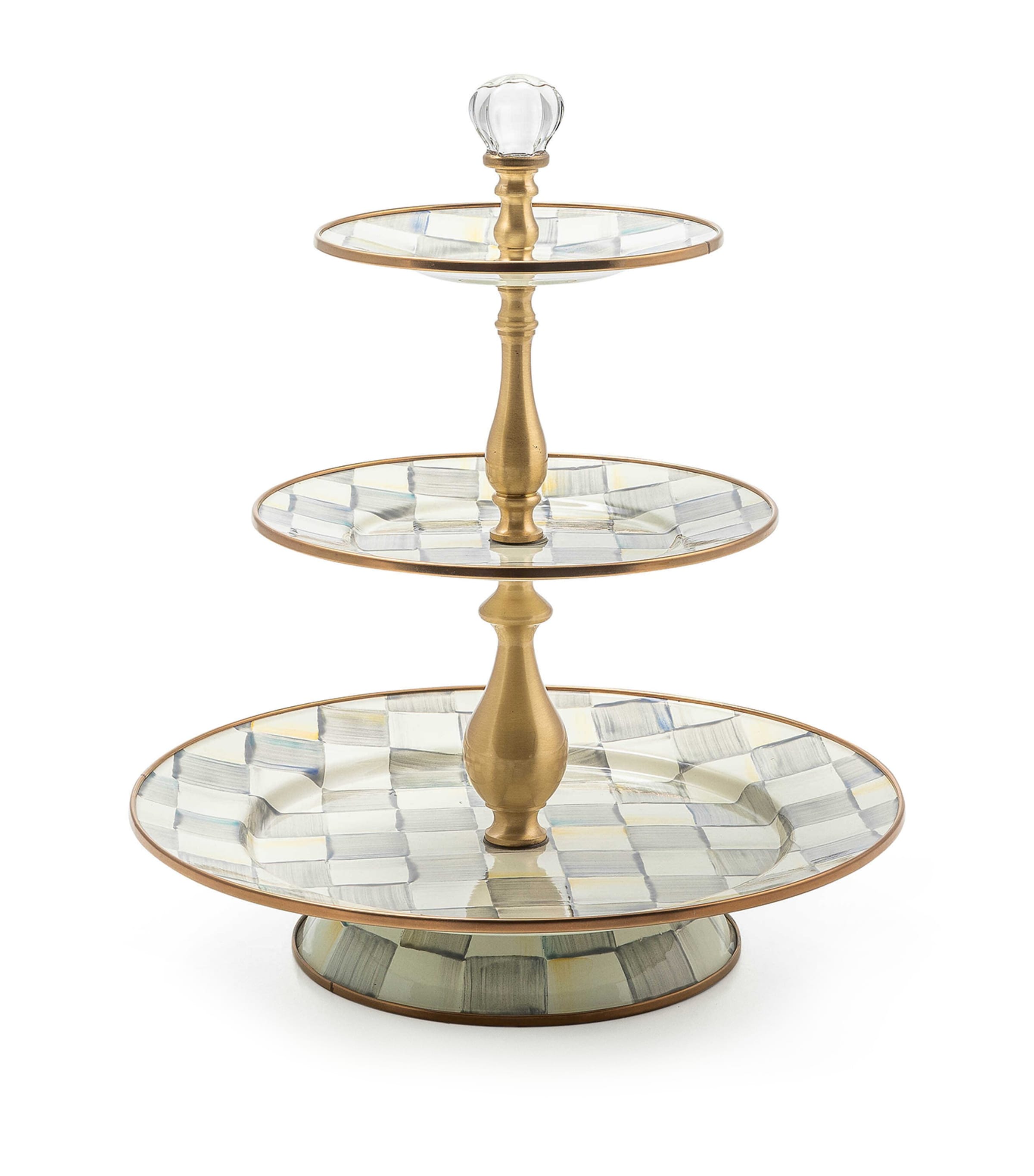 MacKenzie-Childs Sterling Check Three-Tier Cake Stand Grey