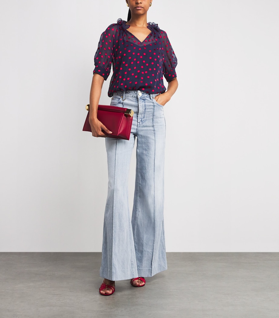 Saloni Womens Silk-Blend Devoré Polka Dot Josie Blouse Navy Brght Rouge Image 2
