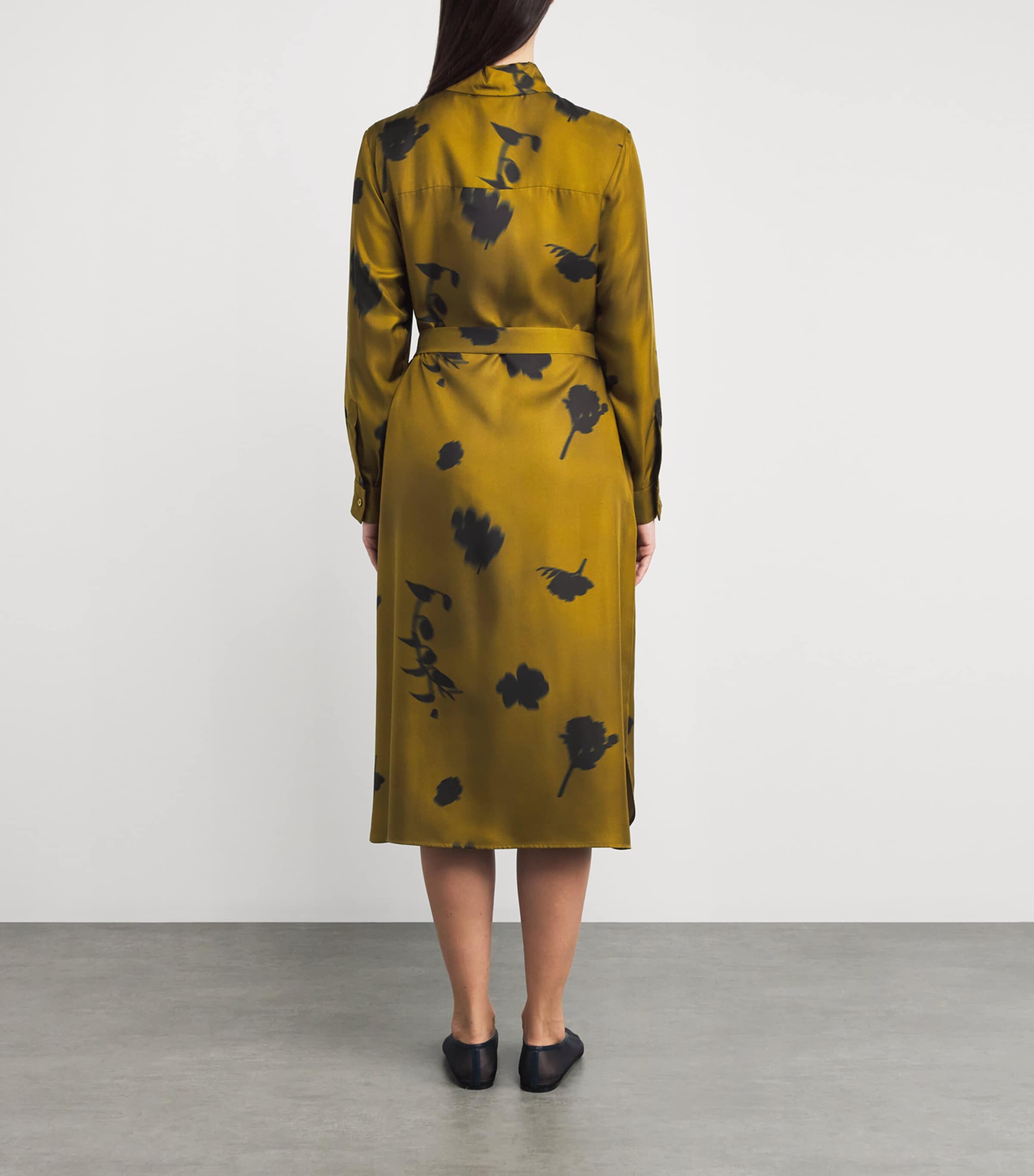 Silk Printed Jadi Midi Shirt Dress 001 OLIVE GREEN Image 4
