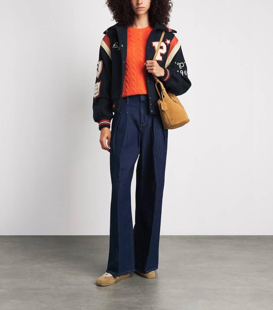 Polo Ralph Lauren Womens Wool-Blend Patchwork Bomber Jacket Hunter Navy Image 2