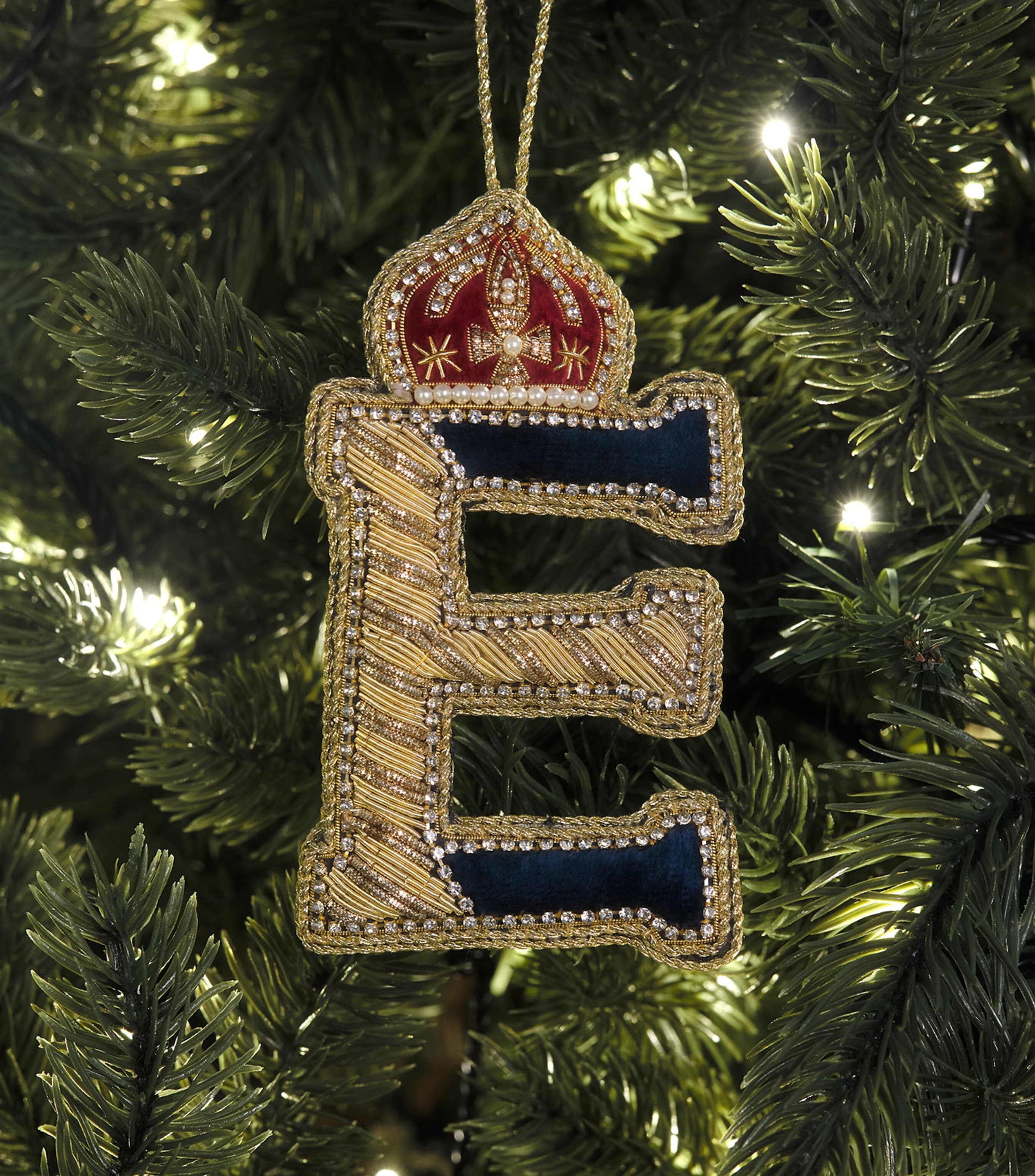 Tinker Tailor Velvet Crystal Letter E Tree Decoration Navy, Gold & Wine Image 3