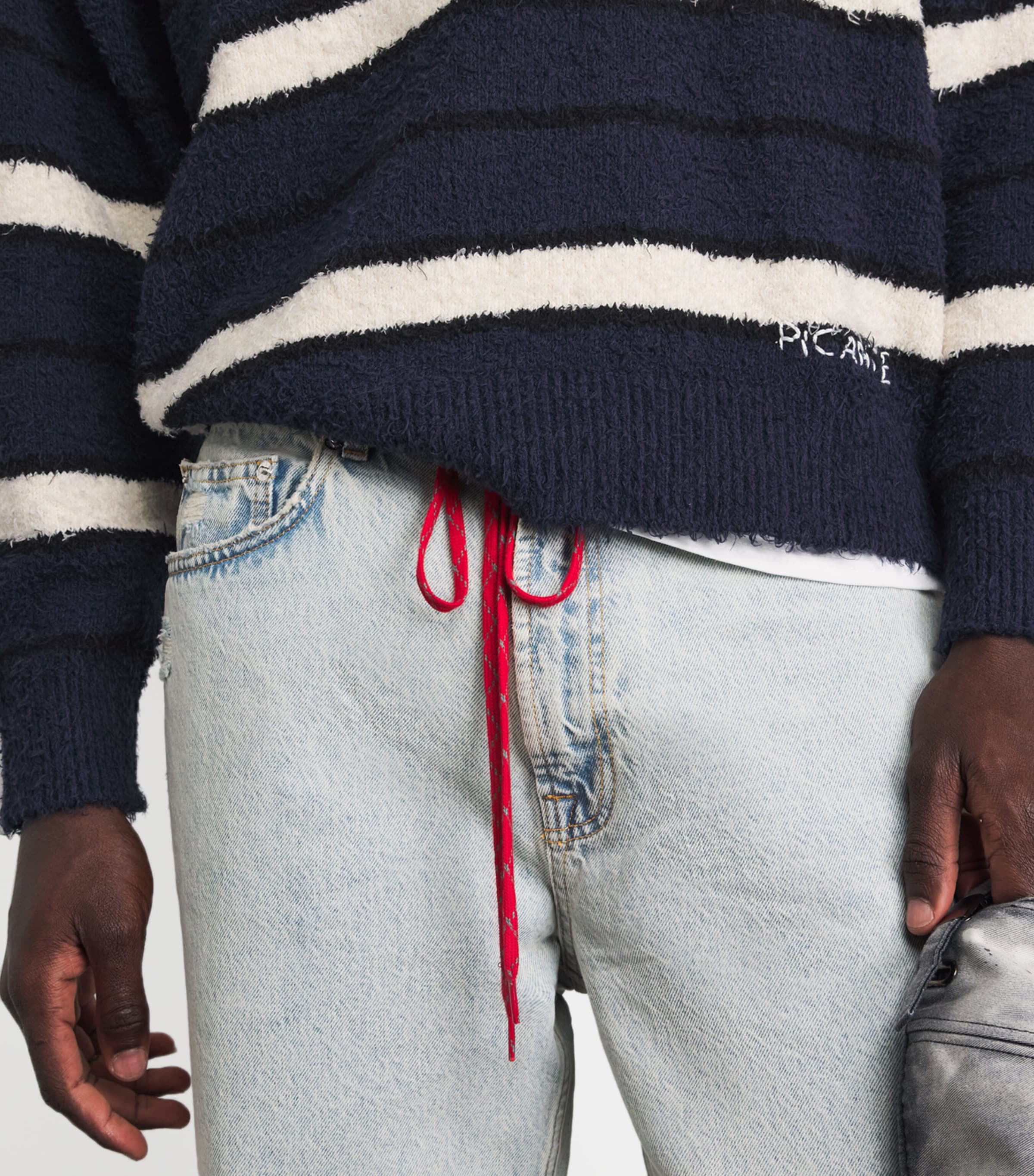 PICANTE Mens Cotton-Blend Shaggy Stripe Sweater Navy Stripe Image 3