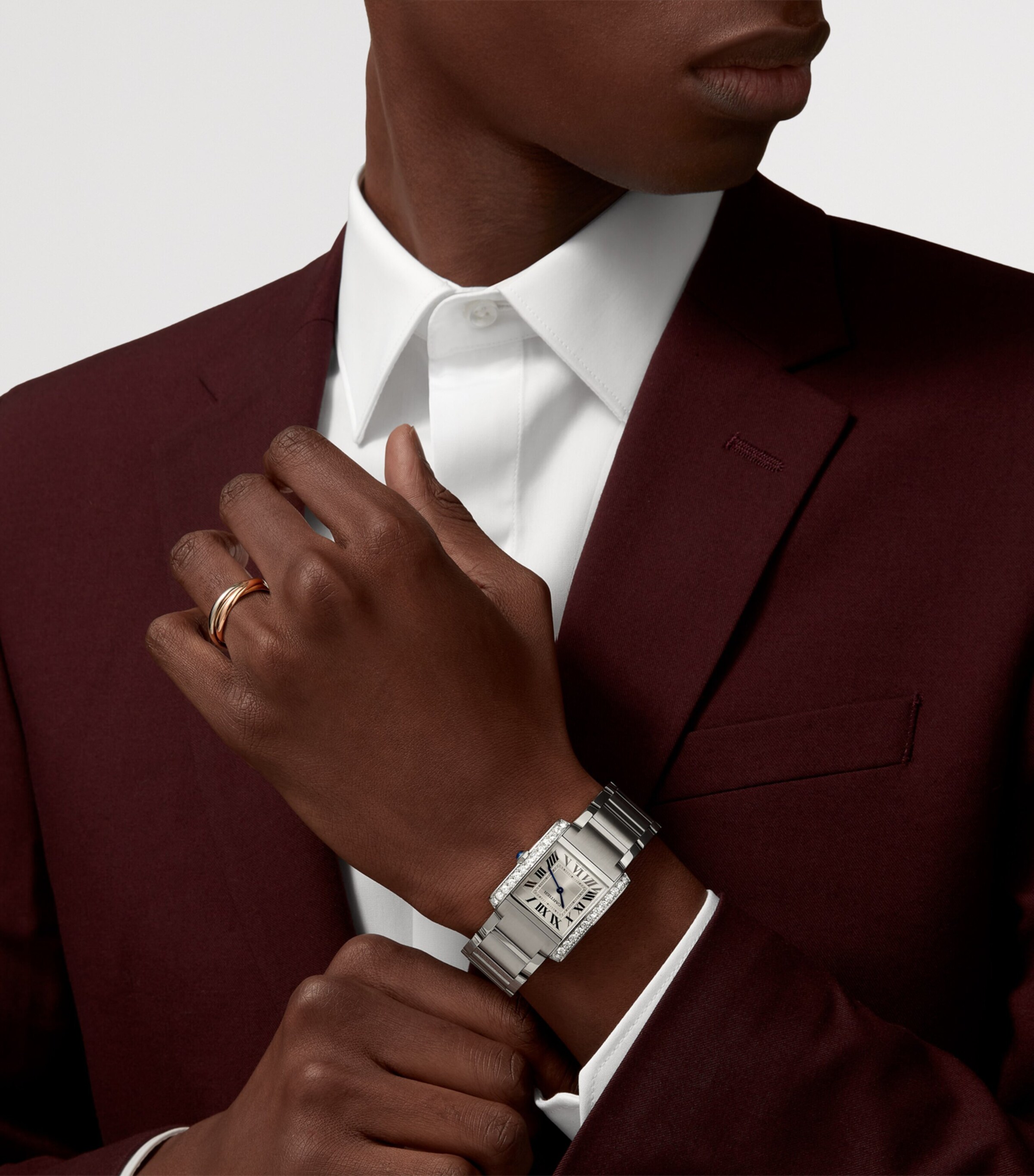 Medium Stainless Steel and Diamond Tank Française Watch 27mm SILVER Image 5