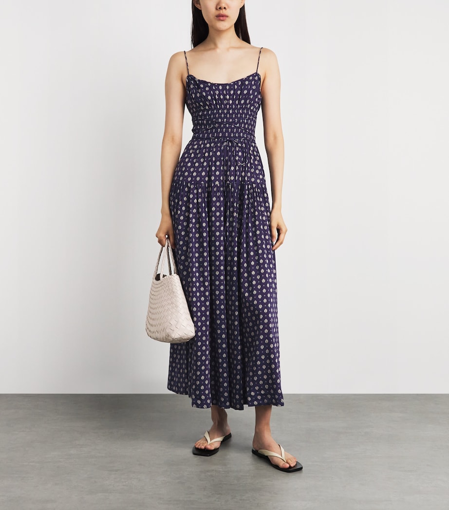 DÔEN Womens Cotton-Silk Safia Midi Dress Navy Cadiz Foulard Image 2