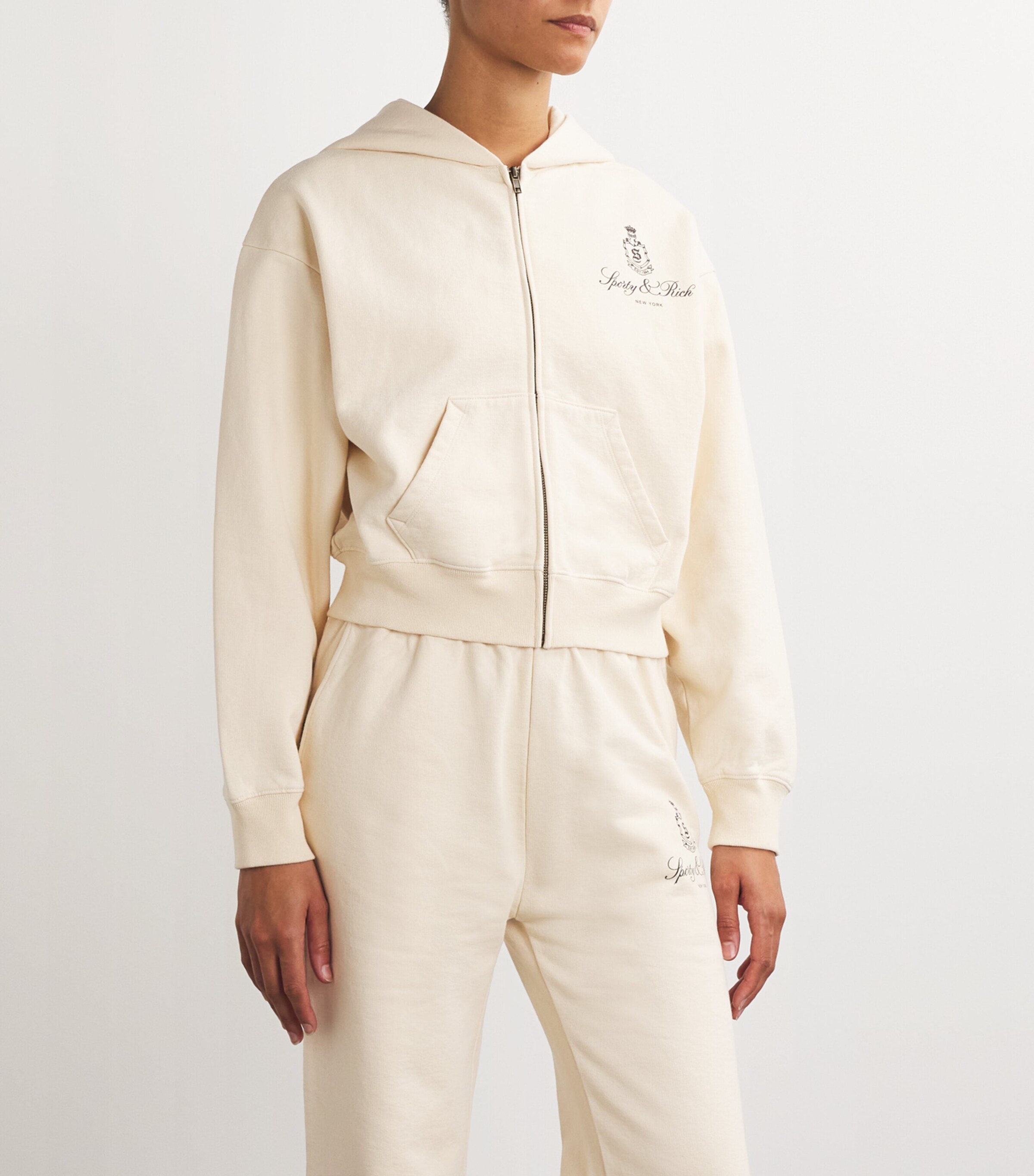 Sporty&Rich｜HOODIES/SWEATS (Vendome Resort Cropped Zip Sporty & Rich Vendome Cropped Zip Hoodie - Cream/ Chocolate