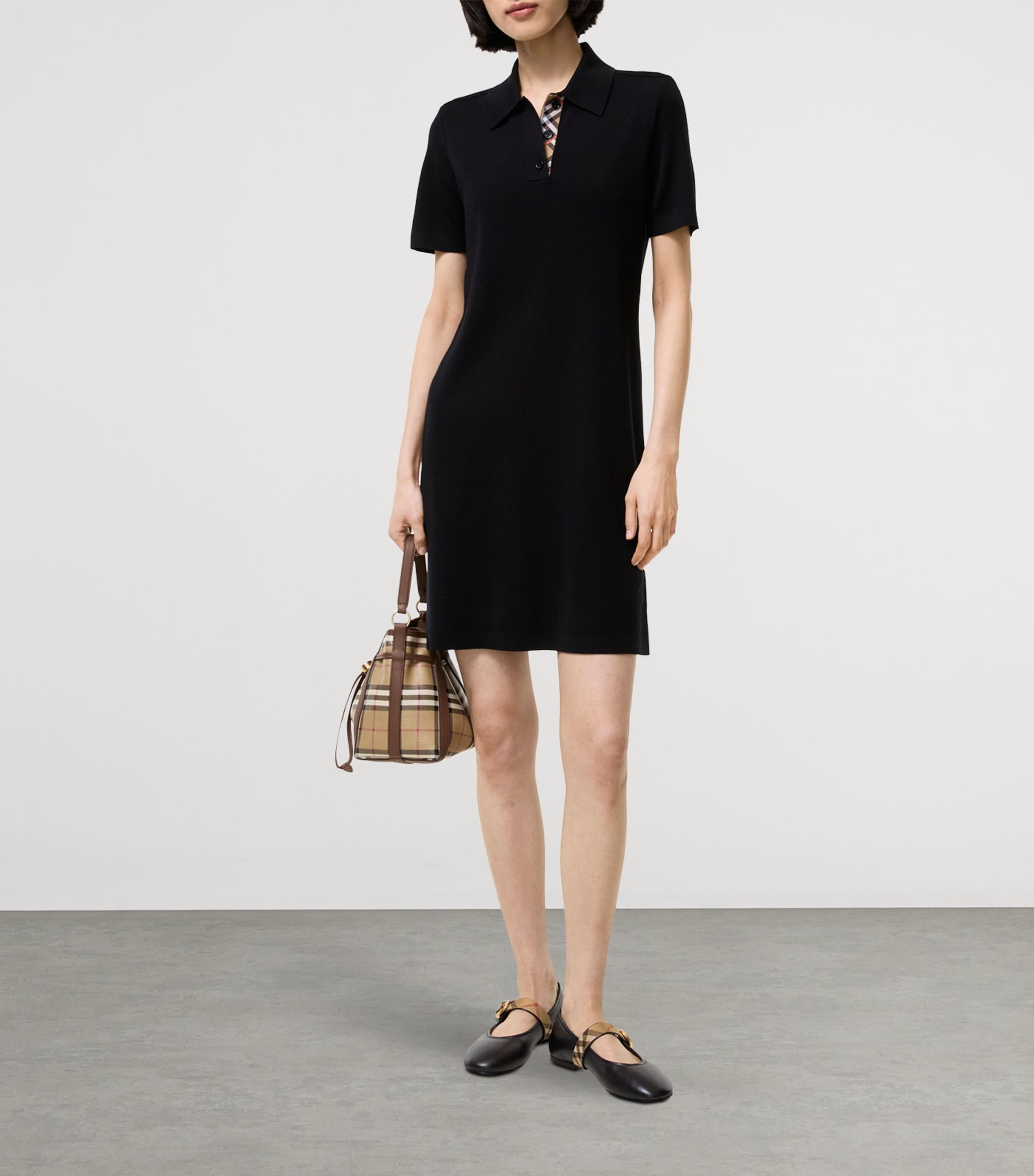 Burberry Womens Cotton Check-Taping Polo Shirt Mini Dress Black Image 2