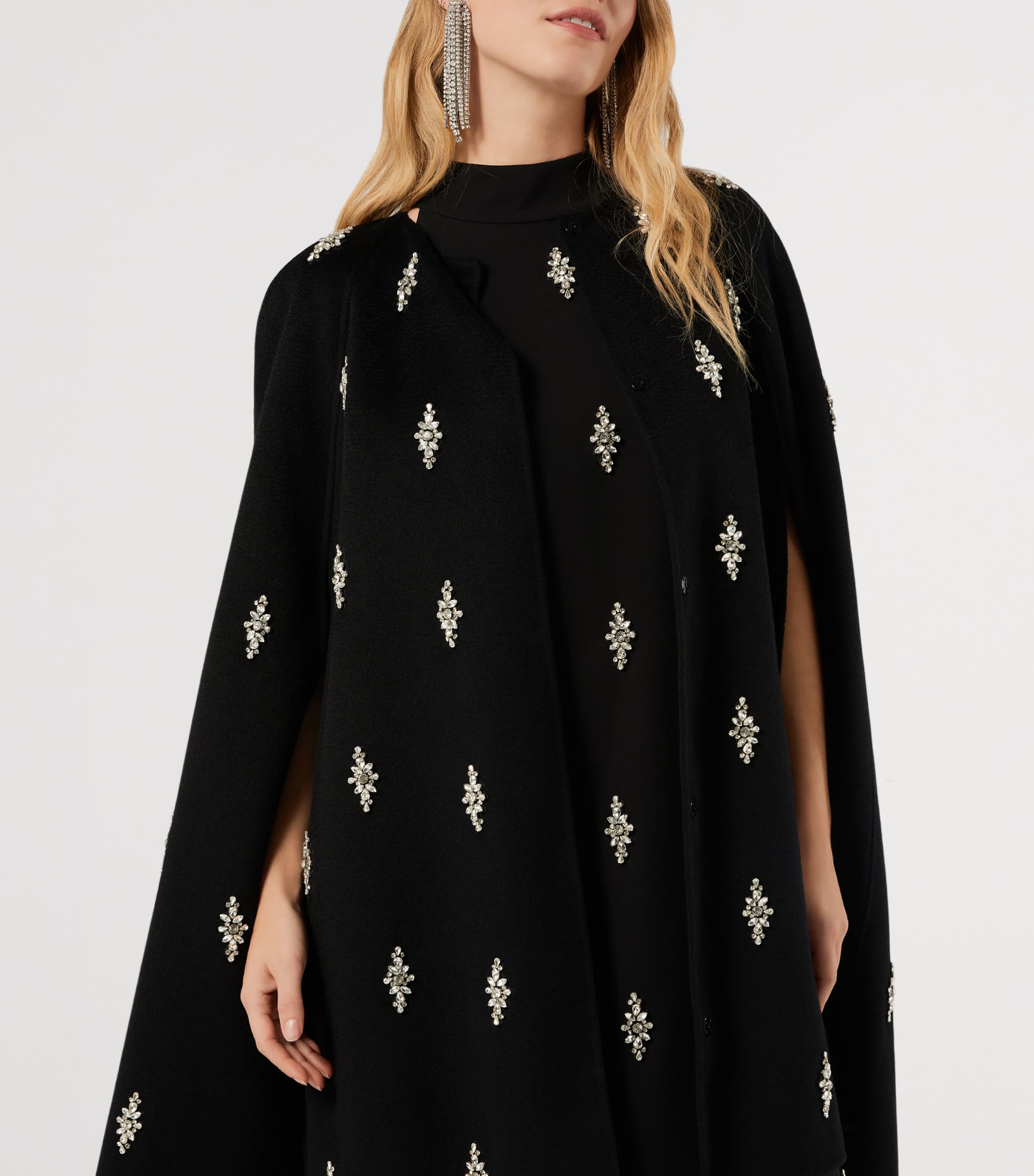 Marina Rinaldi Womens Virgin Wool Embellished Cape Coat Black Image 5