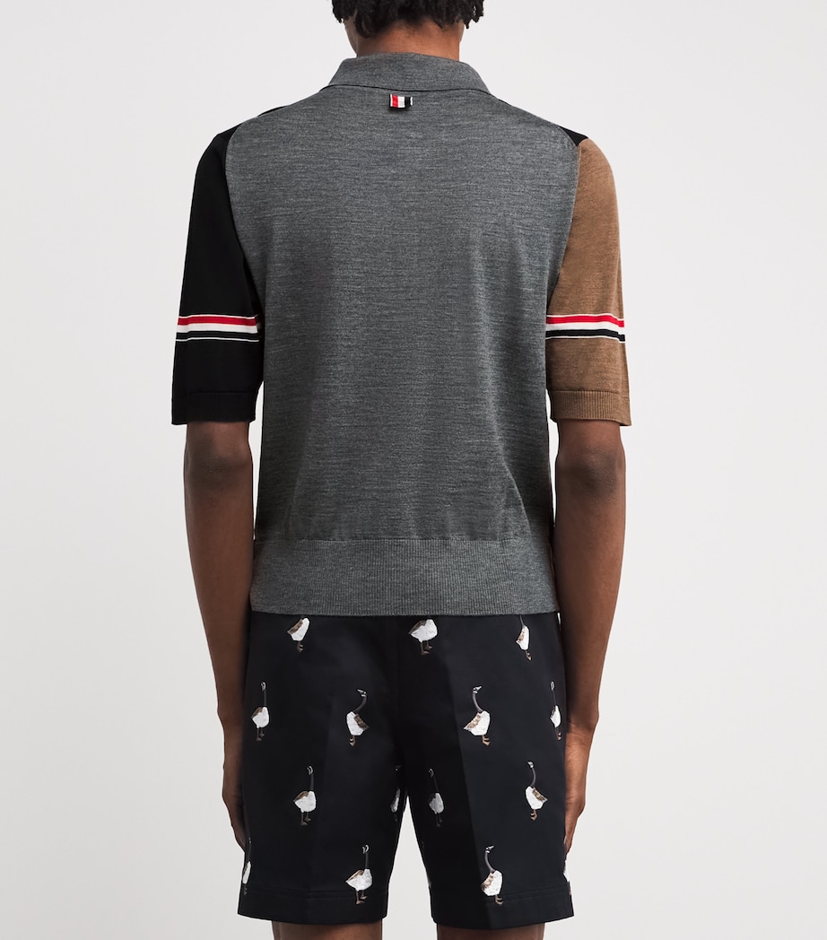 Virgin Wool Tricolour Polo Shirt NAVY/GREY/BROWN Image 4