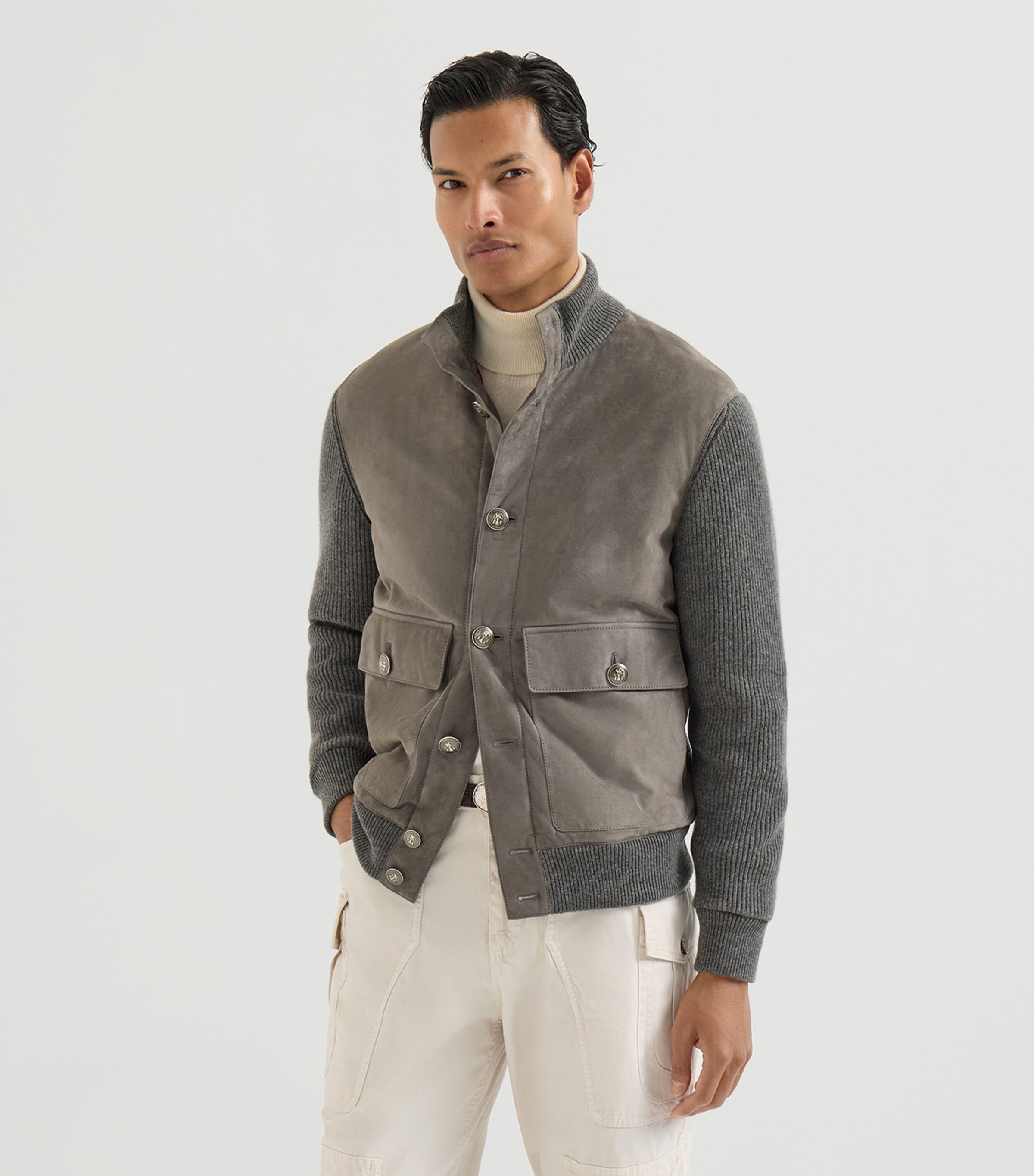 Brunello Cucinelli Mens Cotton-Suede Hybrid Bomber Jacket Image 4
