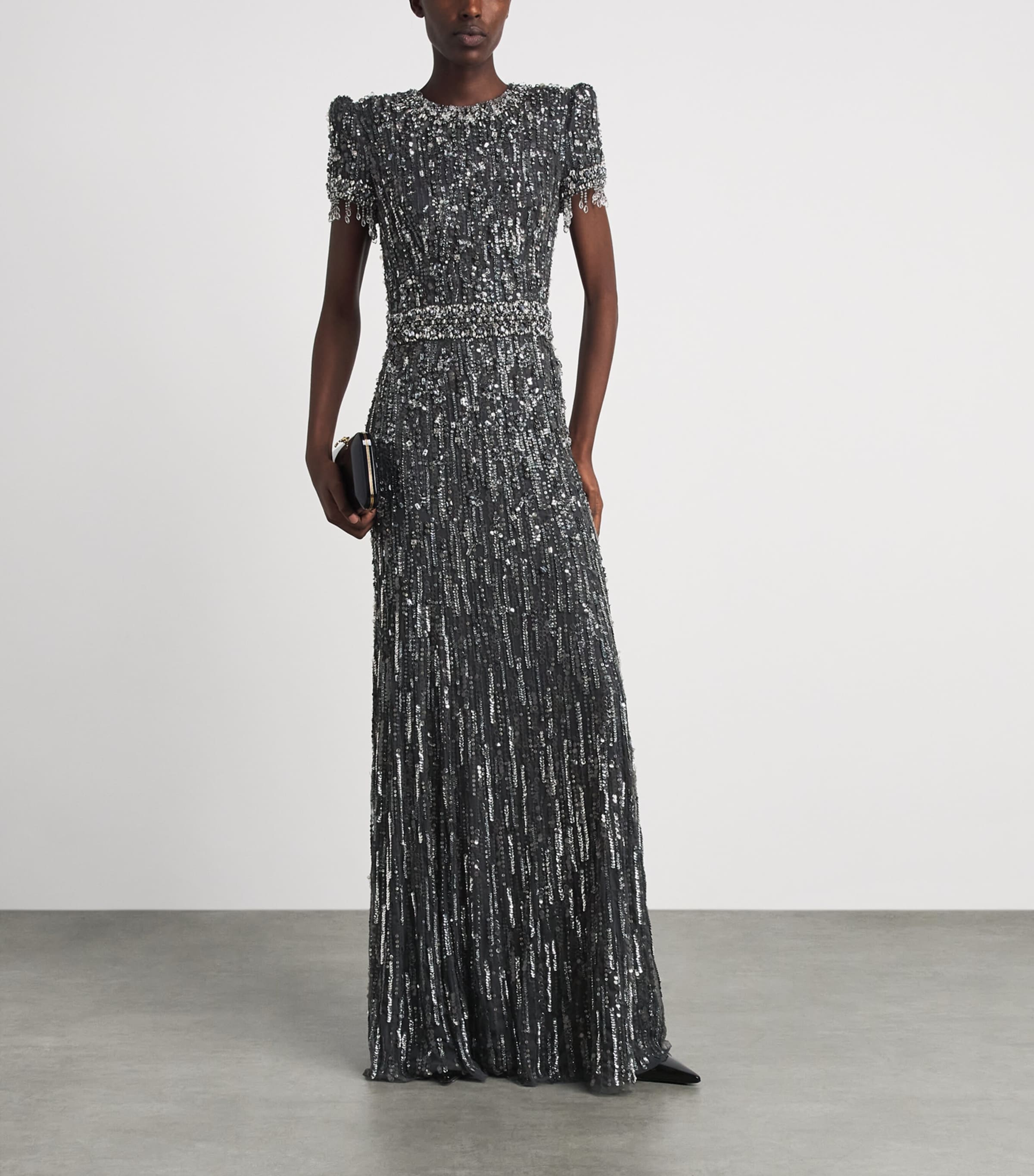 Jenny Packham Womens Short-Sleeve Rhinestone Maxi Dress Shdw Gry T Bdng Image 2