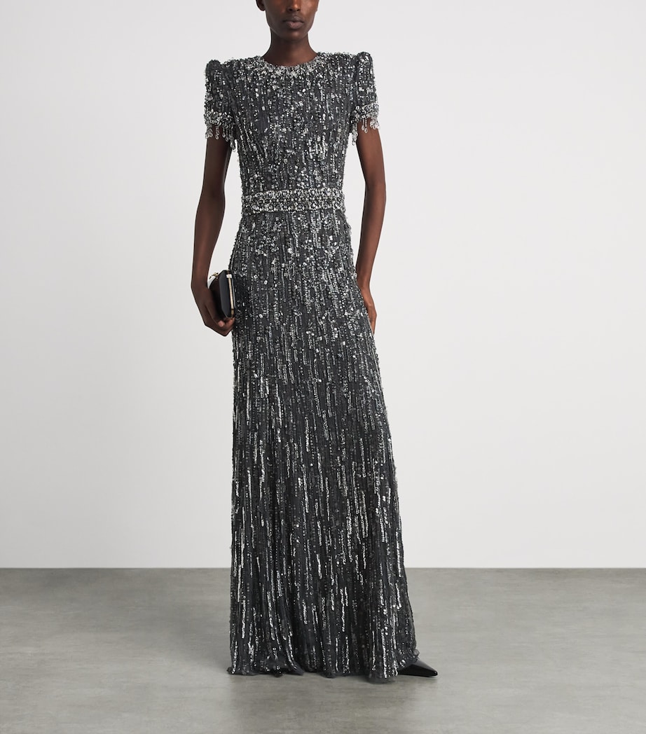 Jenny Packham Womens Short-Sleeve Rhinestone Maxi Dress Shdw Gry T Bdng Image 2
