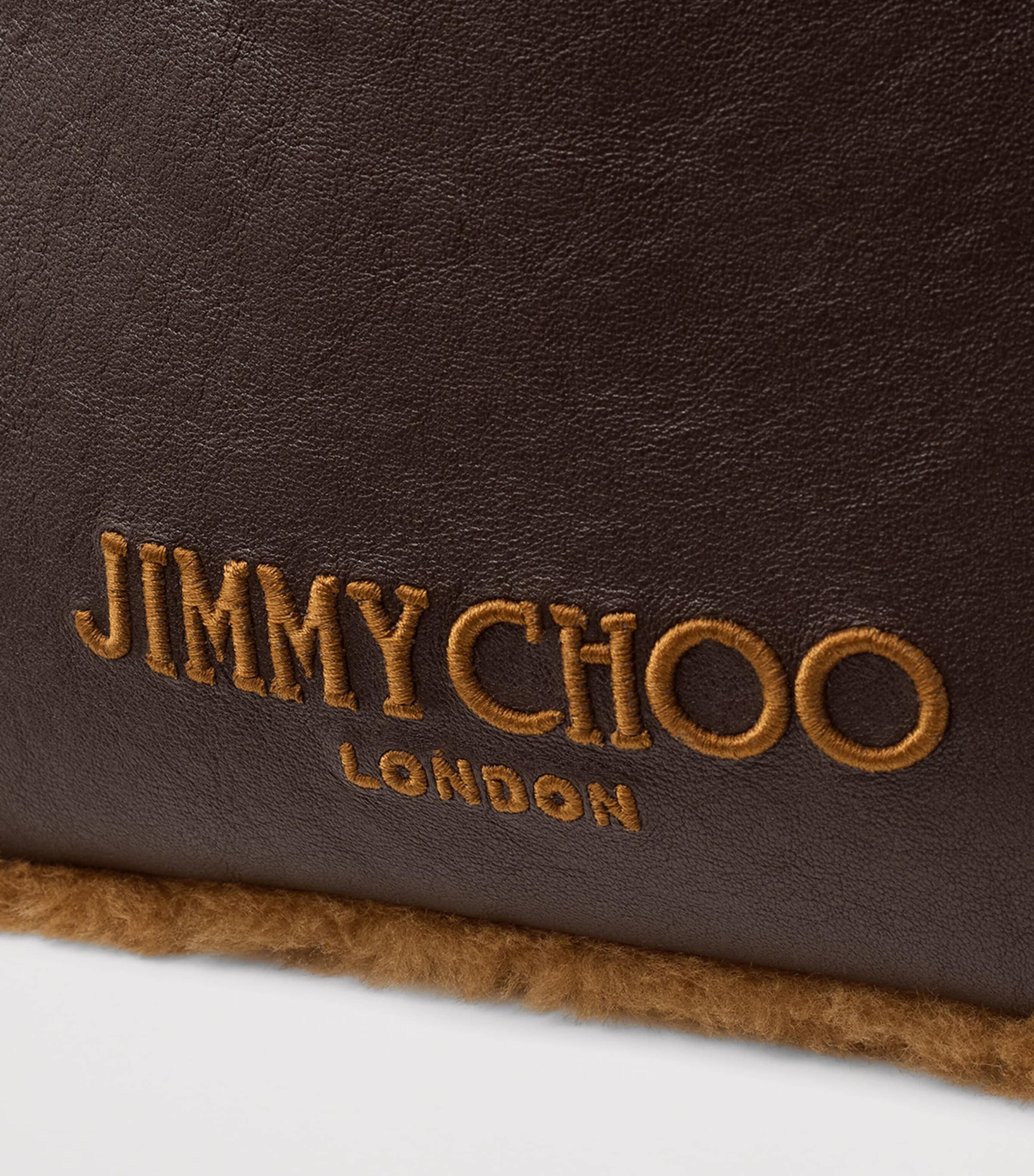 Jimmy Choo Leather Shearling-Trim Drawstring Pouch Chocolate/toffee/ecr Image 5